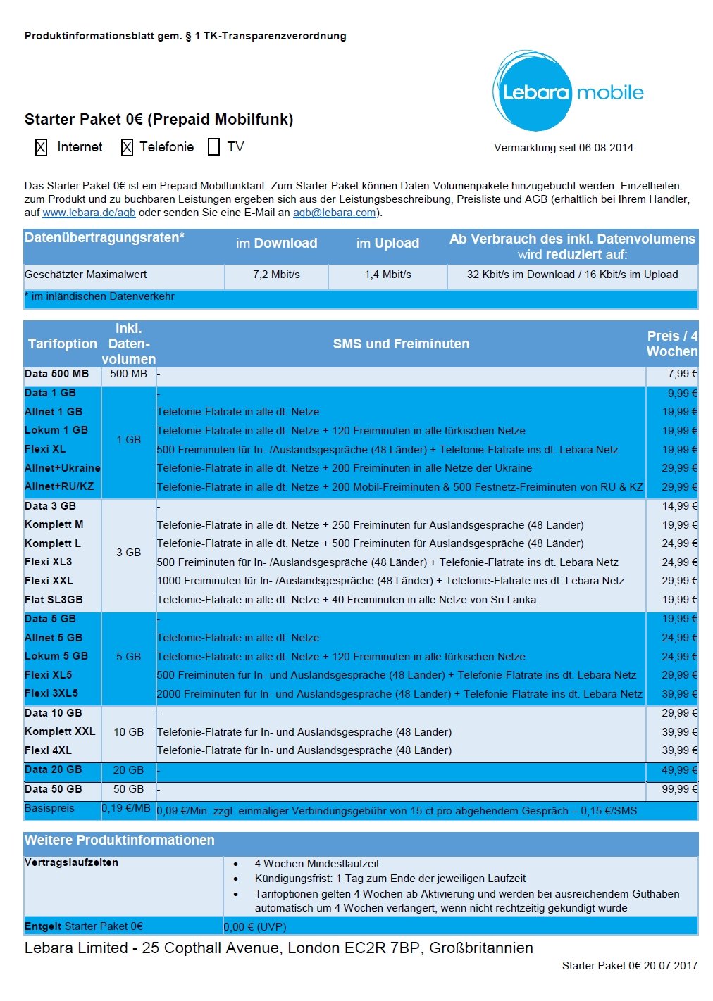 LEBARA Sim card with 1 Euro start credit.
