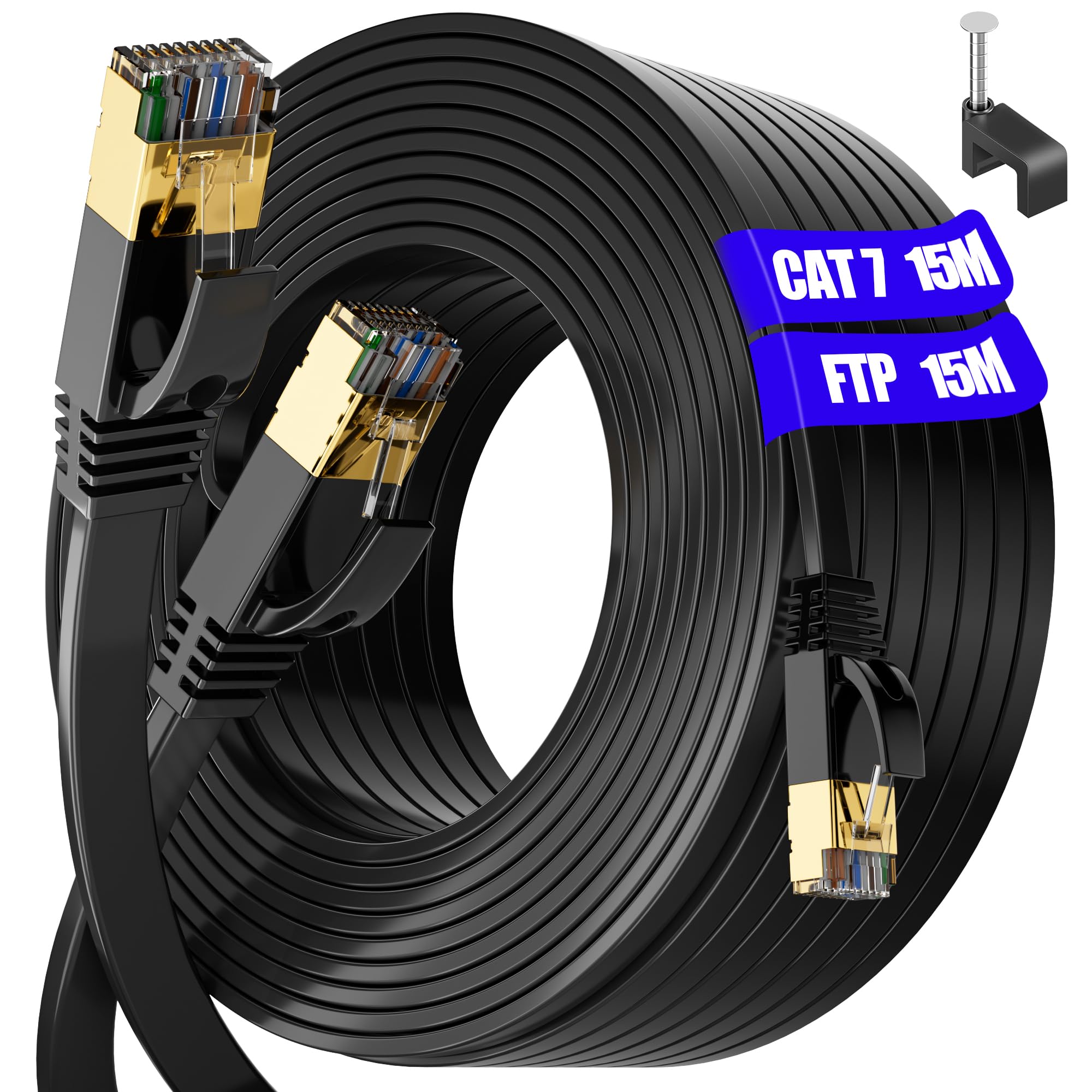 Cat 7 15m LAN Kabel 15 Meter Flach Netzwerkkabel 15m Gigabit Ethernet Kabel Outdoor Indoor - S/FTP, 10000Mbit s, PIMF Schirmung(15 Clips), Cat7 Rohkabel mit RJ45 Stecker - Switch Router Access Point