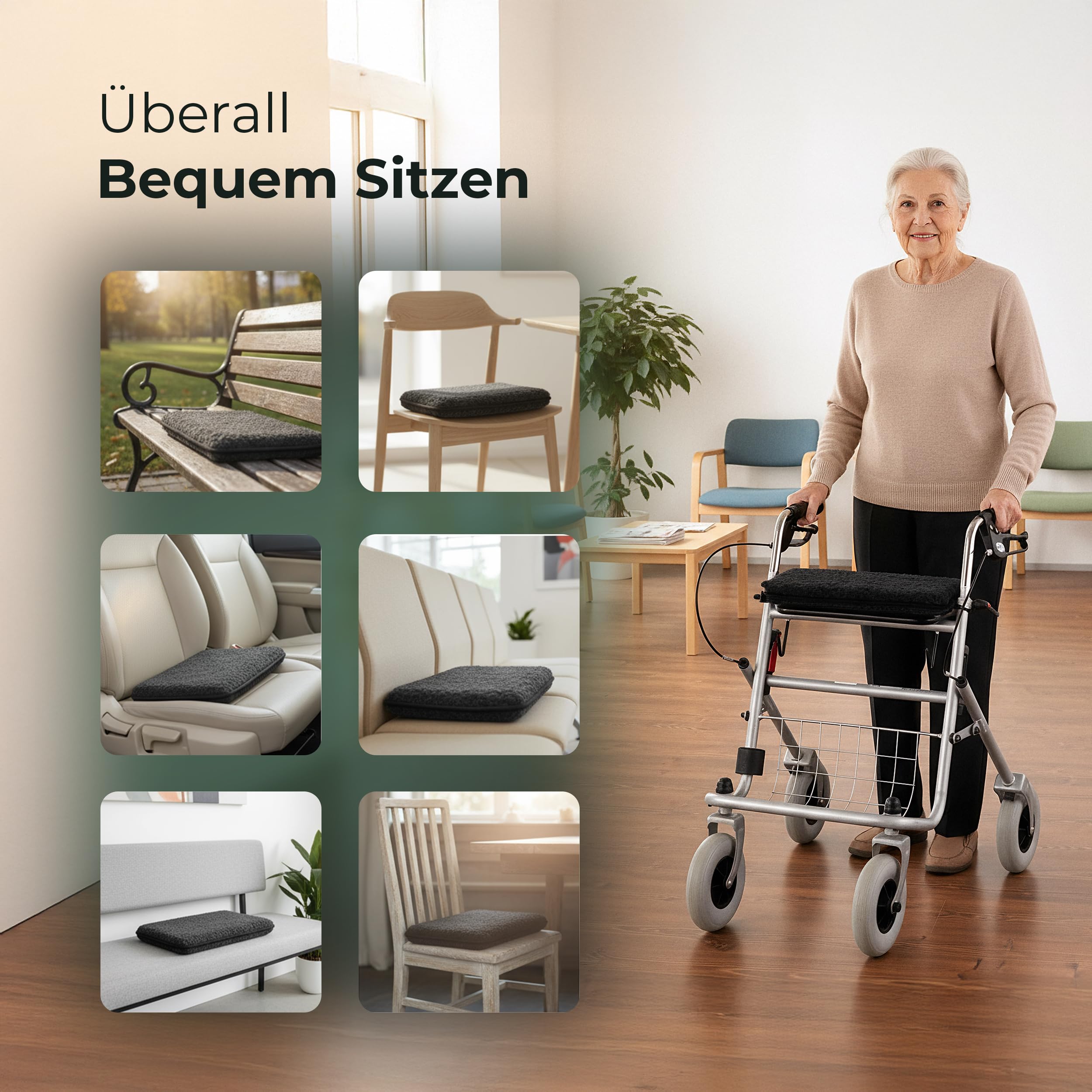Novaliv Rollatorkissen Anthrazit 100% Schurwolle warm & atmungsaktiv 3 cm Polster 40×20 cm Fixierbänder gegen Verrutschen Uni-Design robust Handwäsche Rollator Zubehör