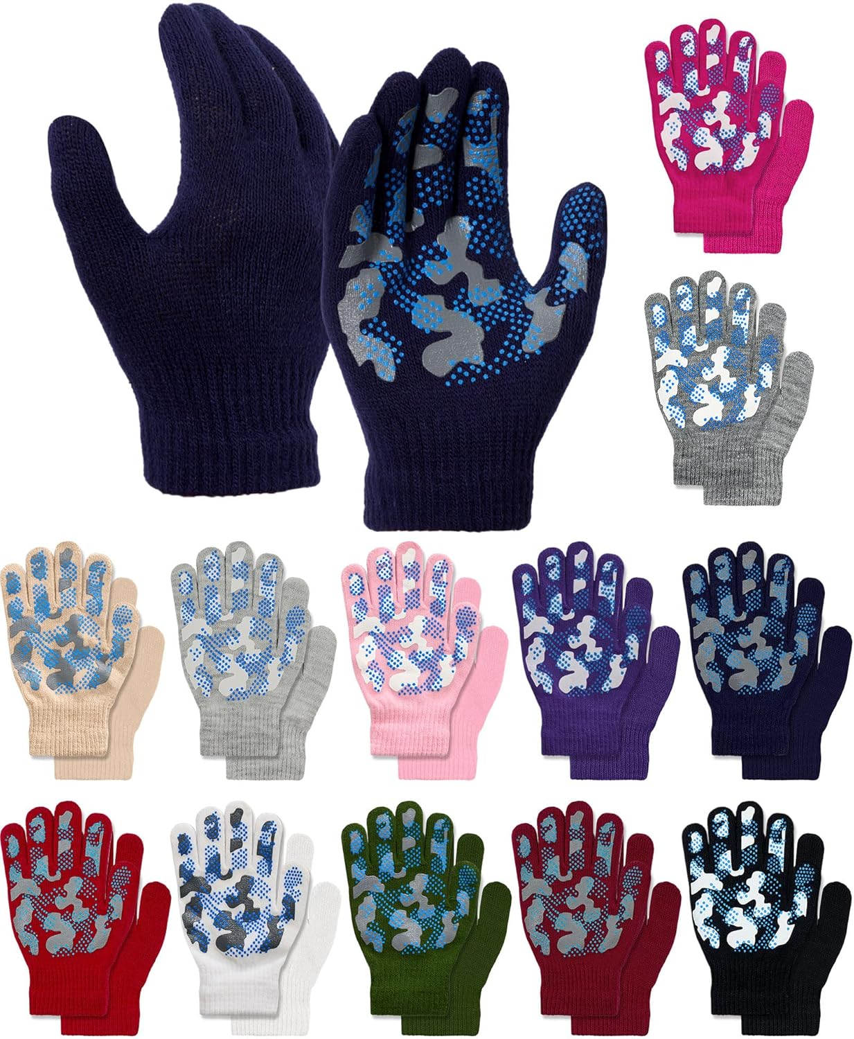 Coume 12 Pairs Kids Winter Gloves for Boys Girls Anti-Slip Knit Stretch Colorful Toddler Warm Gloves for Cold Weather