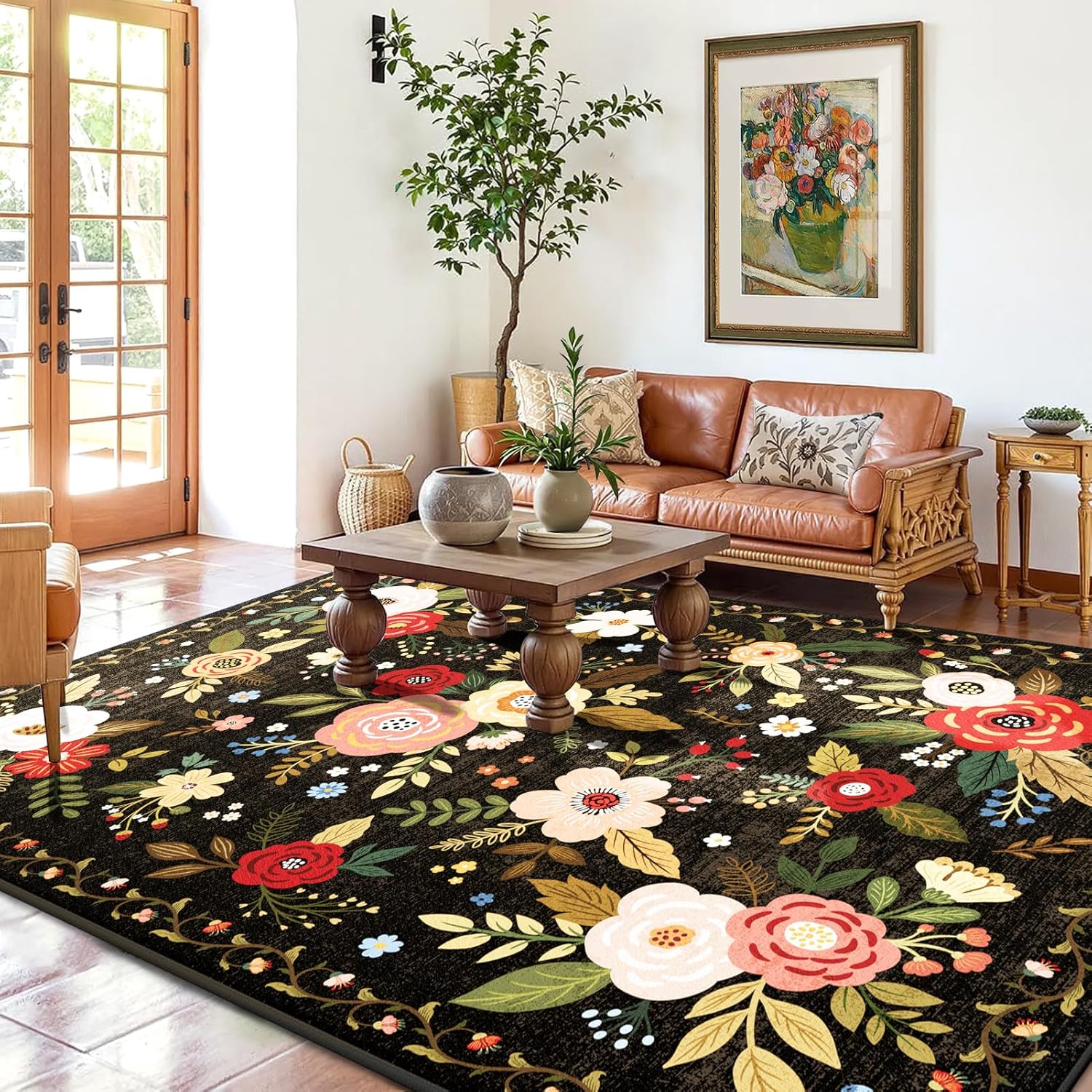 3x5 Rug for Bedroom Washable Rug Non Slip, Girl Rug, Low Pile Boho Floral Area Rug Carpet for Living Room,Bedside, Kids Room, Office(Black)