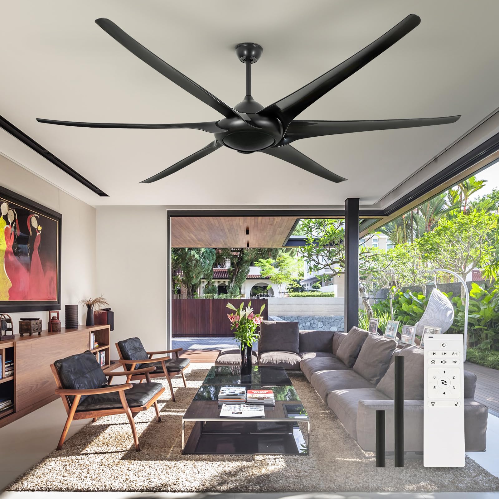 BvenuBigLite Black Farmhouse Ceiling Fan No Light, 80 Inch Large Ceiling Fans with Remote 6 Reversible Blades 6-Speed Home or Commercial Ceiling Fans