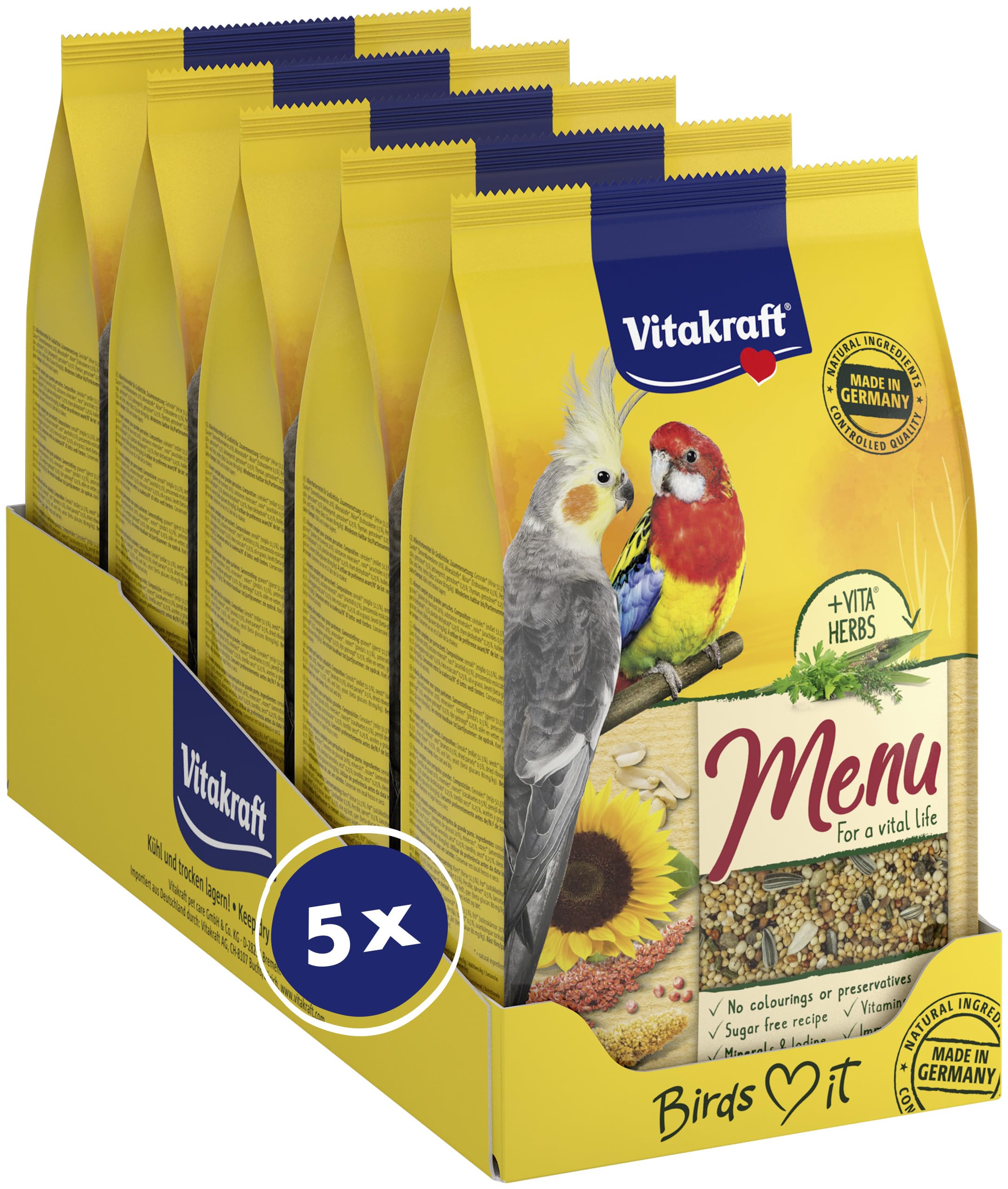 Vitakraft Menü, Vogelfutter für Großsittiche, mit Getreide und Nüssen, Großpackung, ohne Zusatz von Zucker (5X 1kg)