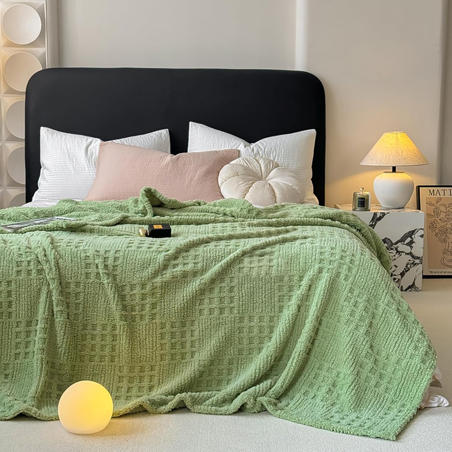 Throw Blanket for Couch or Bed，Waffle Weave Jacquard Decorative Blankets - Cozy Soft Lightweight Fuzzy Flannel Blanket(Sage Green,80x90in)