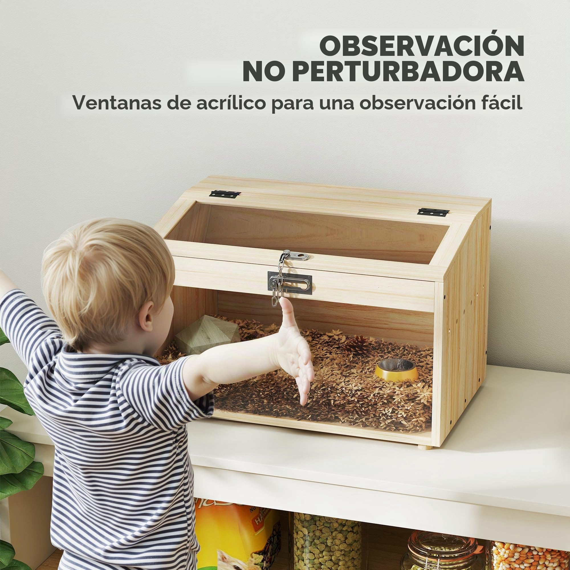 PawHut - Jaula para hámster de Madera, Jaula para ratón con Tapa Abierta, Ventana de acrílico y Agujeros de ventilación para hámsters Enanos y jerbos, 55 x 35 x 35 cm, Efecto Madera Natural