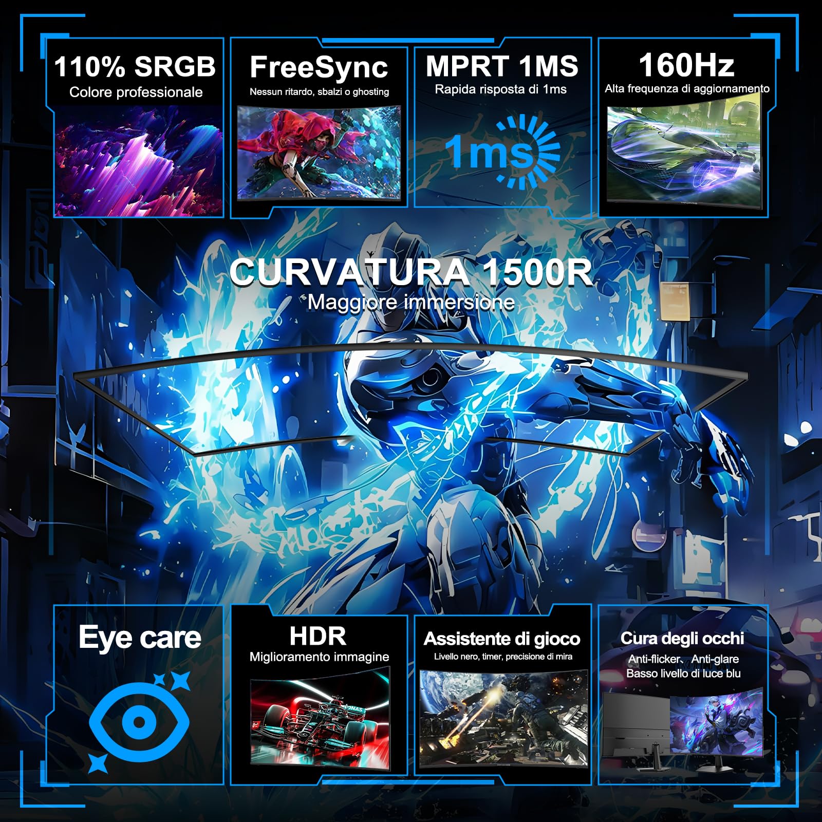 Minifire Curved Gaming Monitor 24 Pollici, 160Hz, 1500R, 1Ms, sRGB110%, FHD 1080P, compatibile con VESA, protezione occhi Adaptive Sync, porte HDMI＆DP (MFG24C1L, cavo HDMI incluso)