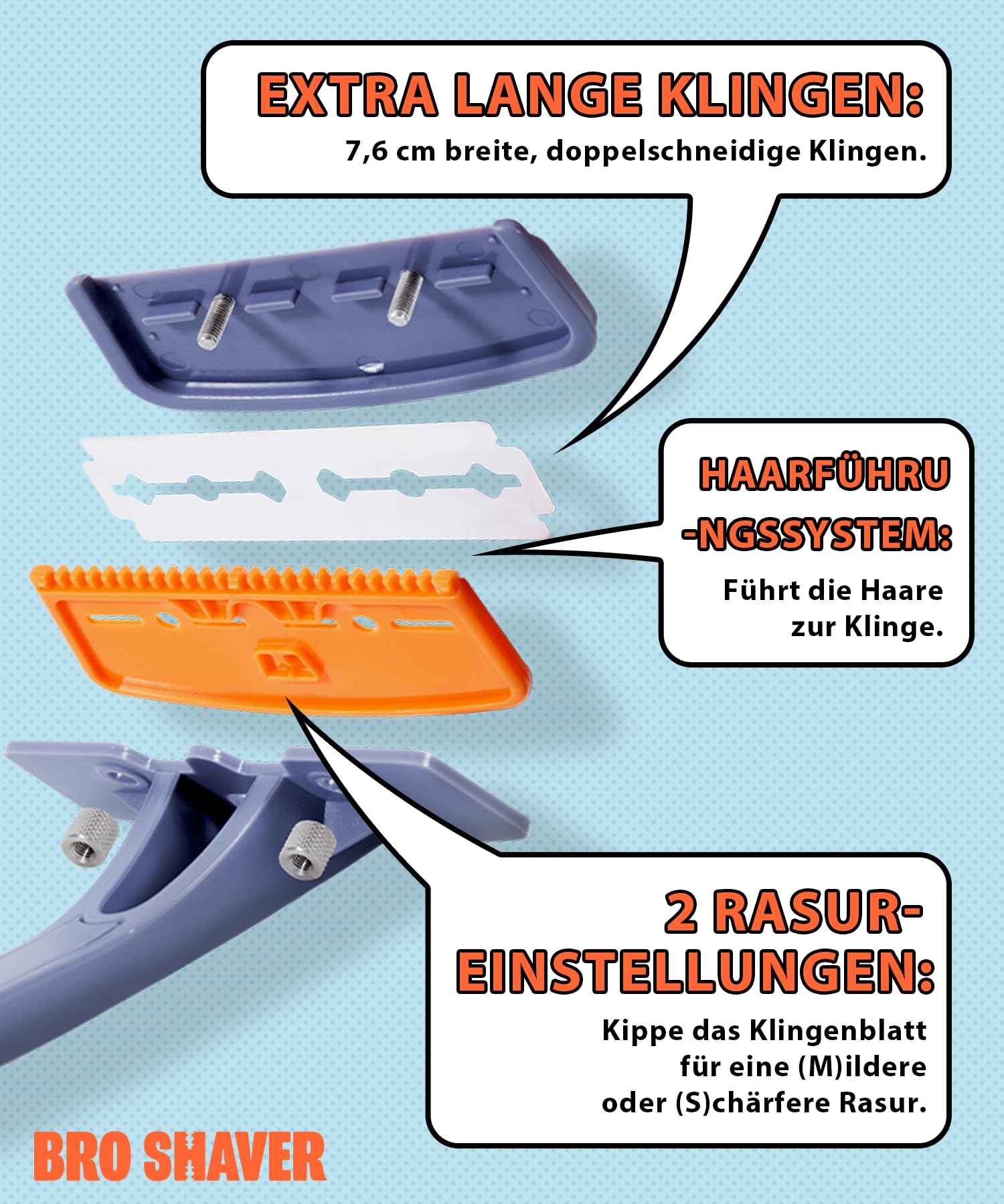 BroShaver 3.0 Rücken- & Körperhaartrimmer mit 6 Klingen - Nass- oder Trockenrasur für Männer