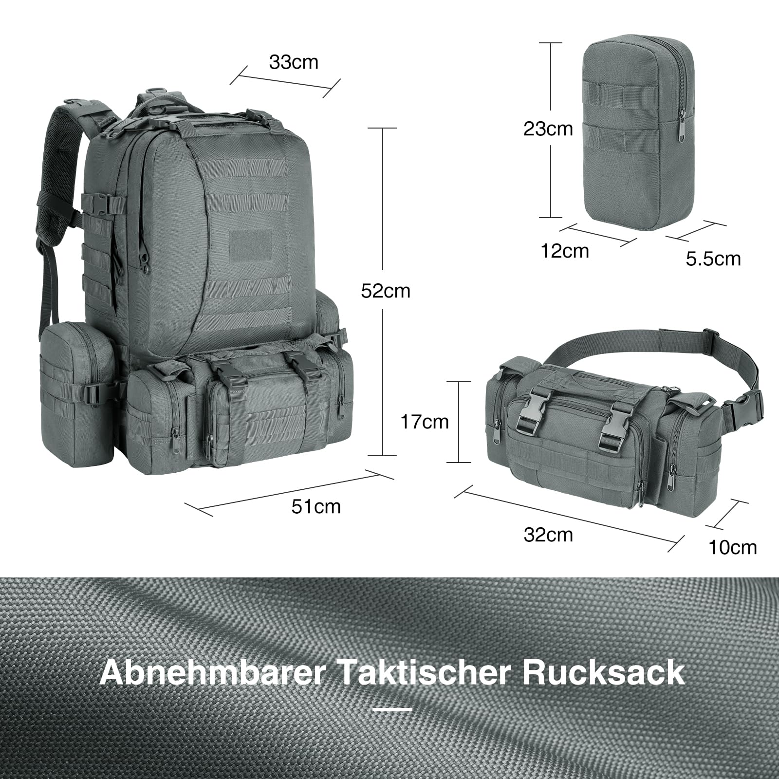 Plecak taktyczny, 60 l, wojskowy, duży plecak survivalowy Molle, dla mężczyzn i kobiet, zdejmowana torba outdoorowa, plecak podróżny do EDC, na kemping, wędrówki, polowanie, szary