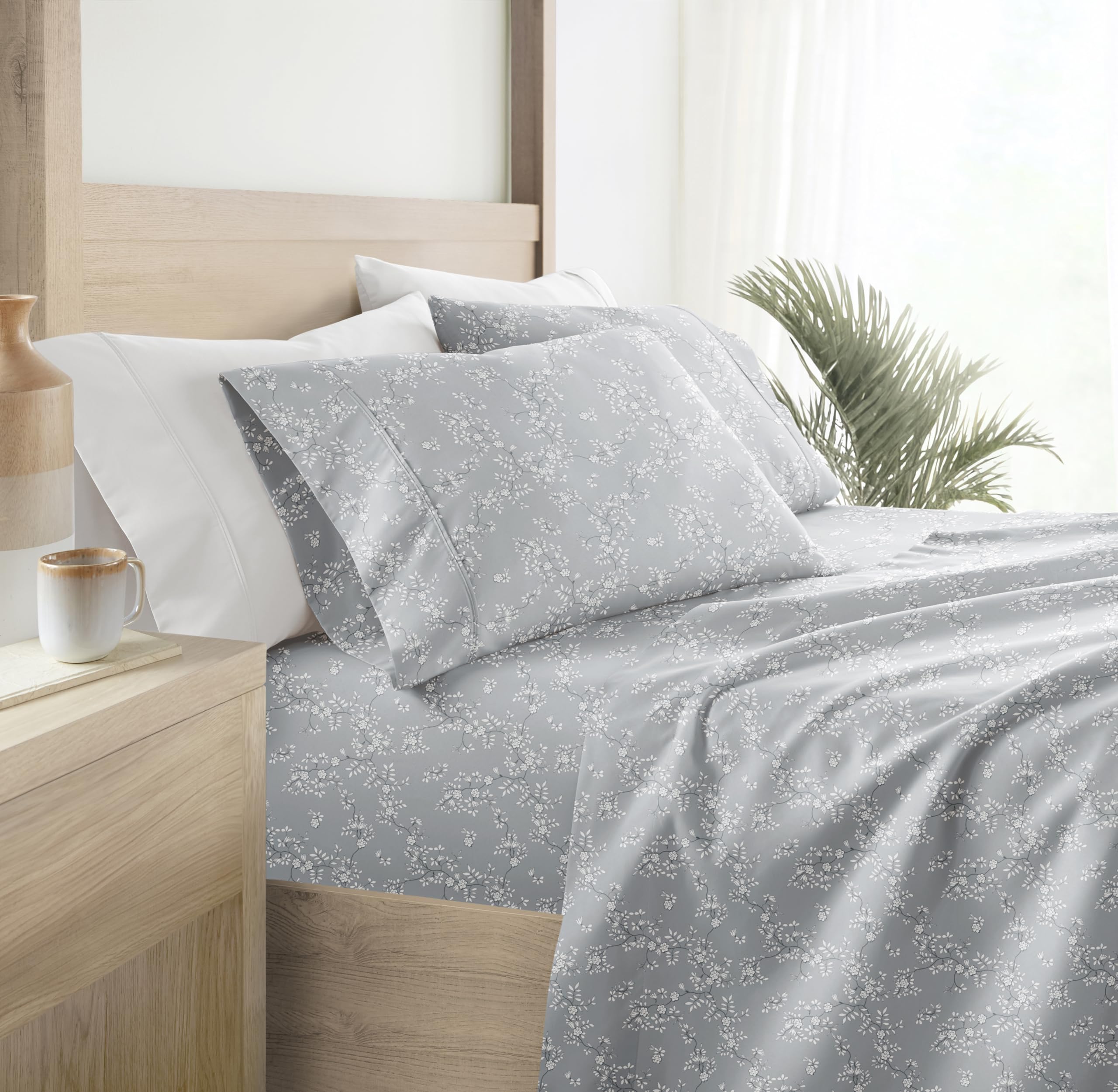 Linen Market Double-Brushed Patterned Microfiber Queen Sheet Set 4 Piece – Oeko-TEX Certified Ultra Soft Wrinkle-Free - 16" Deep Pocket Sheets - Easy Care Queen Size - Trellis Vine Light Gray