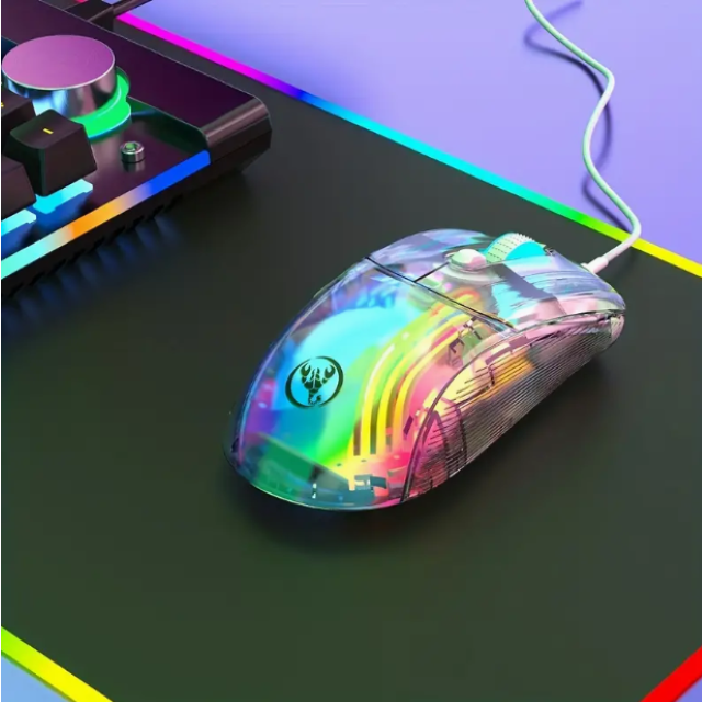Crystal Transparent Gaming Mouse - RGB LED Lights, 12800 DPI, Wired Optical Mouse