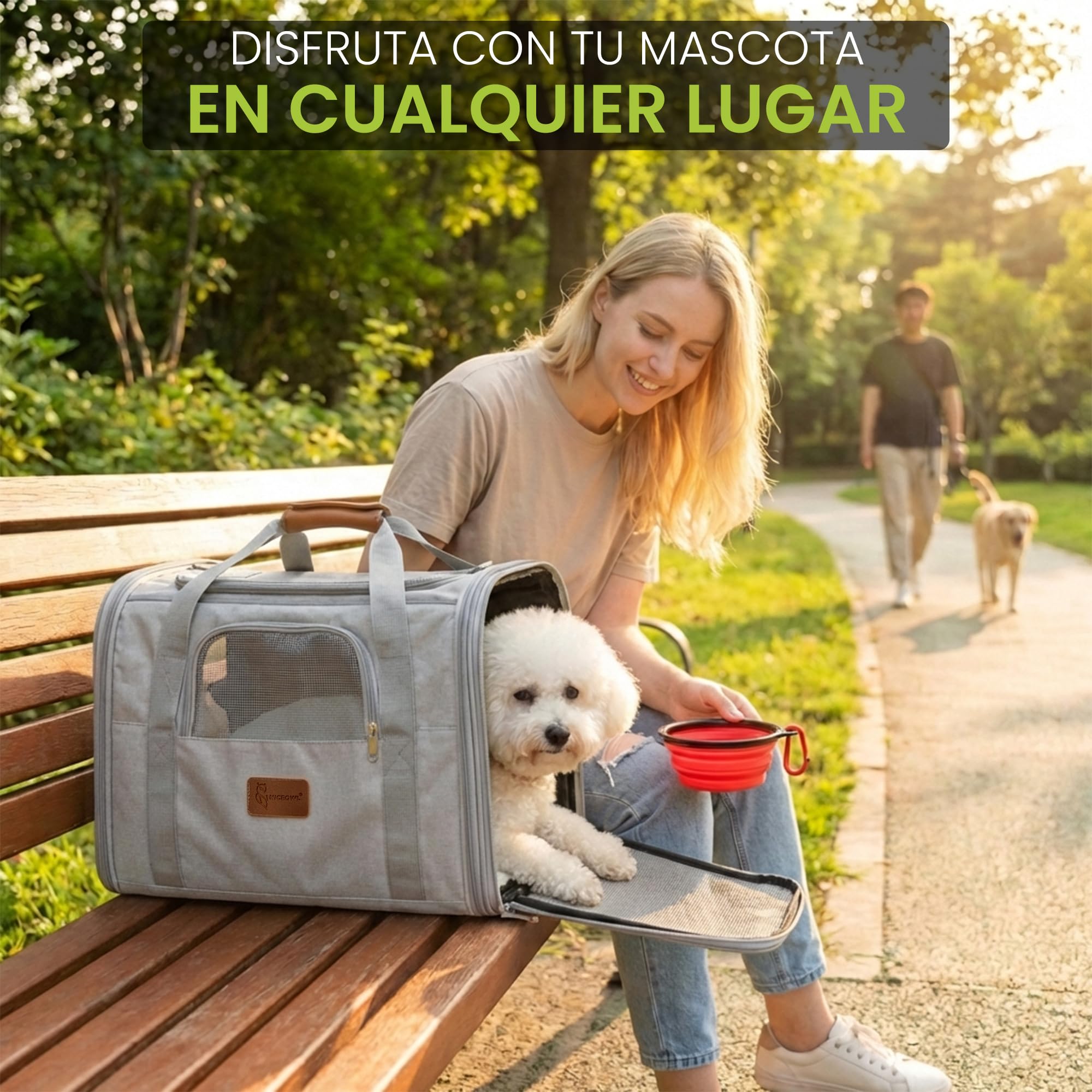 Transportin Perro Gato Plegable y Reforzado con Cama, Bebedero y Juguete de Regalo | Transporte de Gato Viaje Cómodo y Seguro | Bolsa de Transporte Portátil con Ventilación 360º