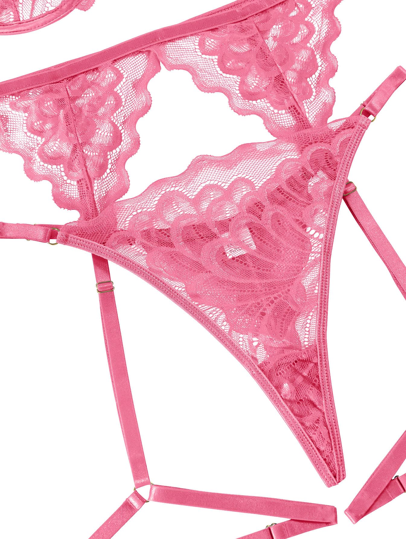 Lilosy Sexy Choker Floral Lace Scallop Sheer Underwire Push Up Garter Belt Lingerie Set 3 Piece