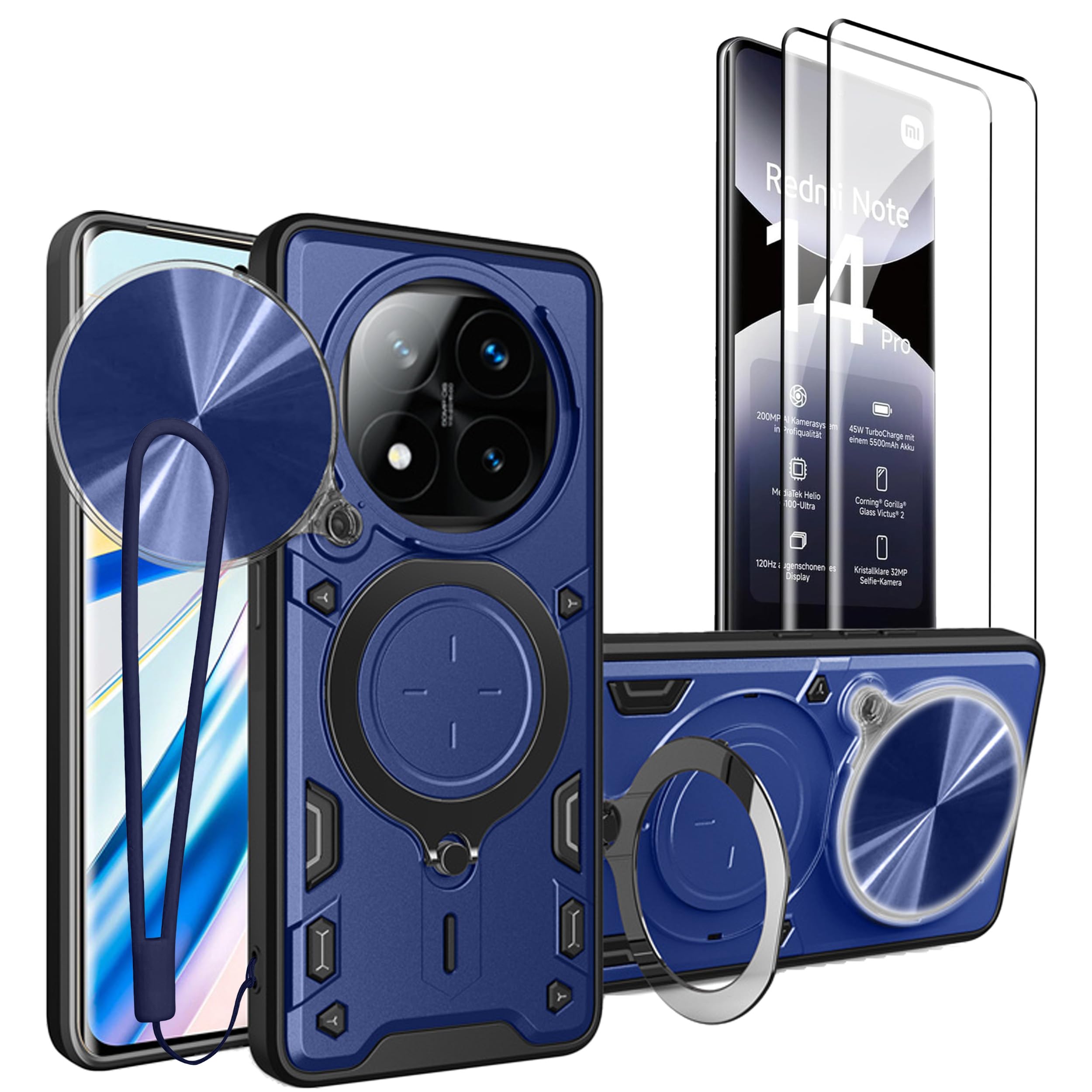 Xiaomi Redmi Note 14 Pro 4G Case Call Flashing+ Lanyard, Note 14 Pro 4G Screen Protector [2 PACK] Militray Drop Protection Metal Kickstand Note 14Pro 4G Cover MagR (Blue, Note14Pro4G+Glass(2Pcs)) Blue Note14Pro4G+Glass(2Pcs)
