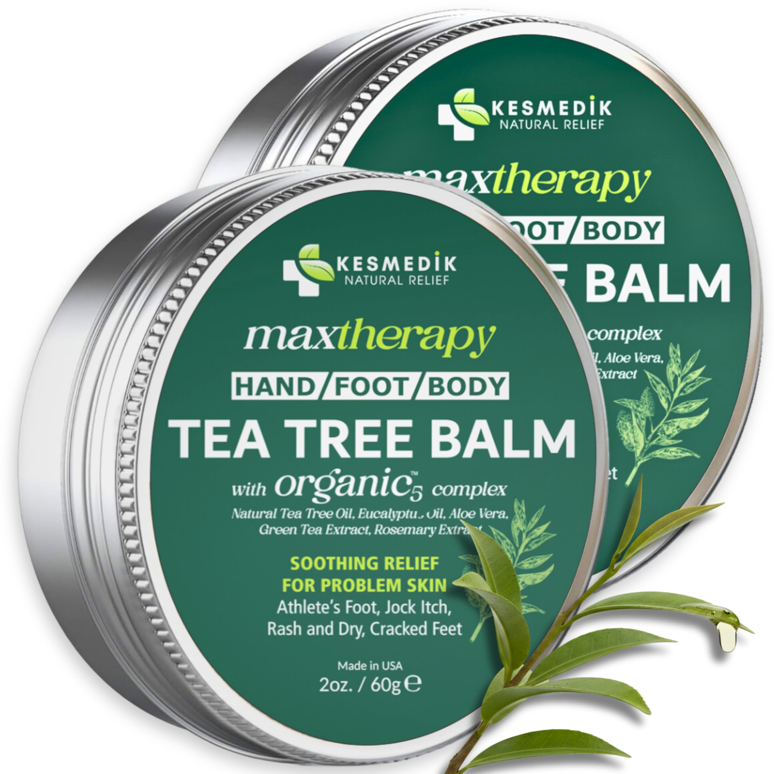 Tea Tree Oil Balm for Skin, Soothes Itching, Rashes & Dry Skin, Antifungal Defense for Athlete’s Foot, Jock Itch, Chafing, Bug Bites & Eczema, Natural, Effective & Safe for All Ages, 2-Pack