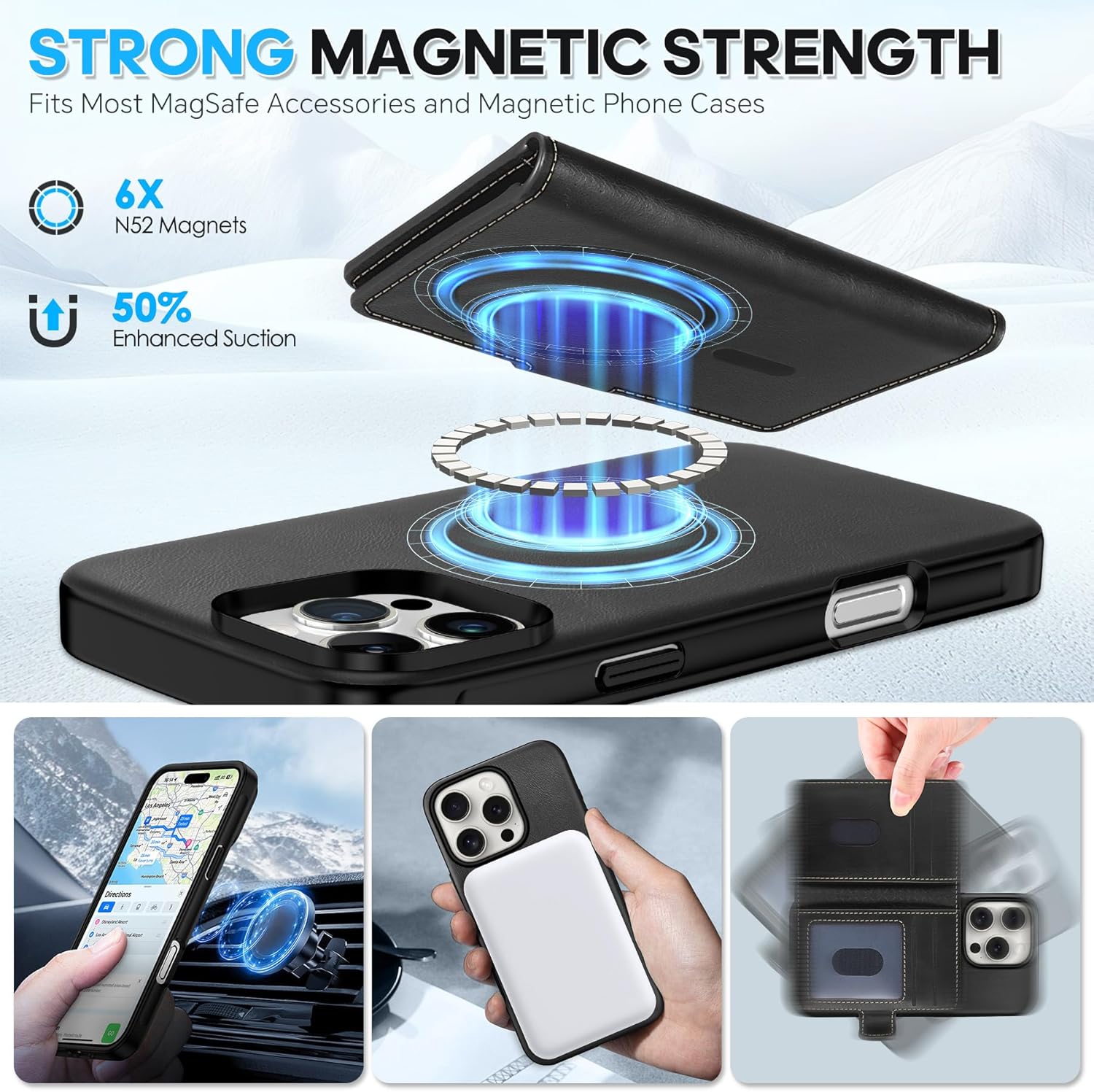 SHIELDON Wallet Case for iPhone 16 6.1", Genuine Leather Removable Magnetic RFID Blocking Card Holder, 6 Card Slots & ID Window, Wireless Charging Phone Cover Compatible with iPhone 16 - Retro Black