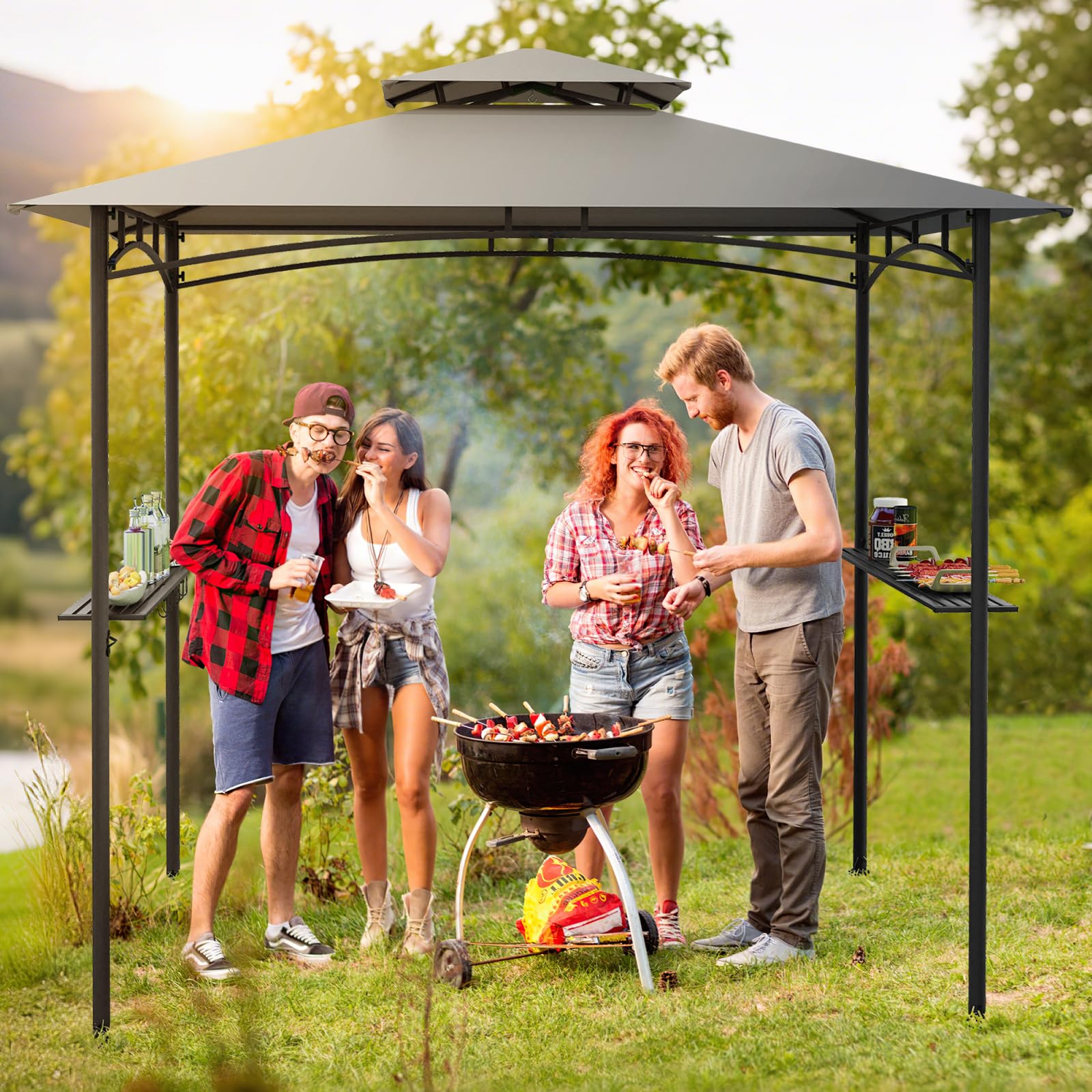 HOMASIS Cenador para Barbacoa con Techo Lateral, Pérgola de Jardín con Doble Techo, 2 Mesas y Ganchos, Carpa Cargada Exterior, Toldo Pergola para Parrilla (Gris + Negro, 242x150x250cm)