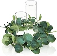 Vista 1 de Pinkunn Juego de 4 portavelas de huracán, jarrones cilíndricos transparentes altos para centros de mesa con corona de eucalipto verde para verano