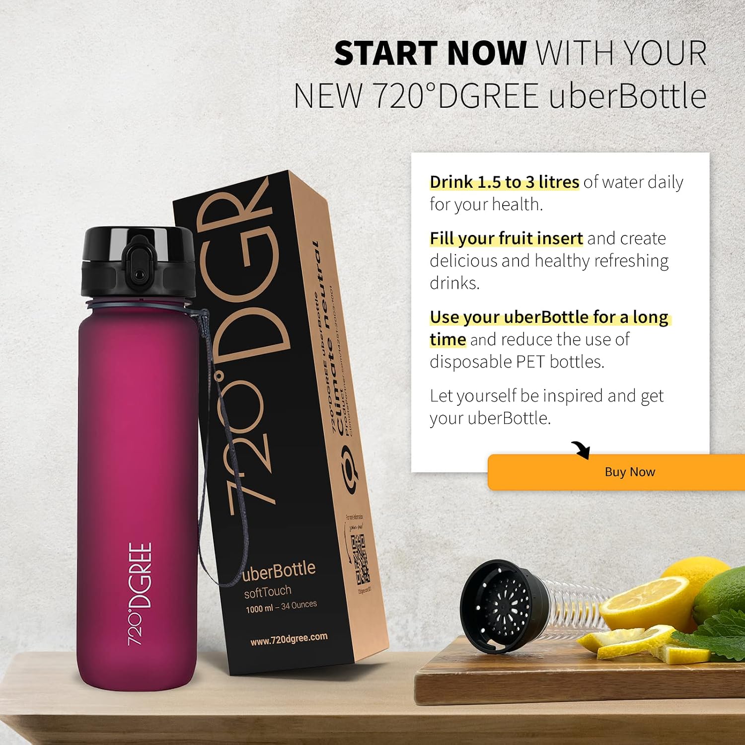 720°DGREE Water Bottle uberBottle +Fruit Infuser - 1L - BPA-Free, Leakproof - Reusable Tritan Sports Bottle for Fitness, Workout, Bike, Outdoor, Yoga, Hiking - Lightweight, Sustainable