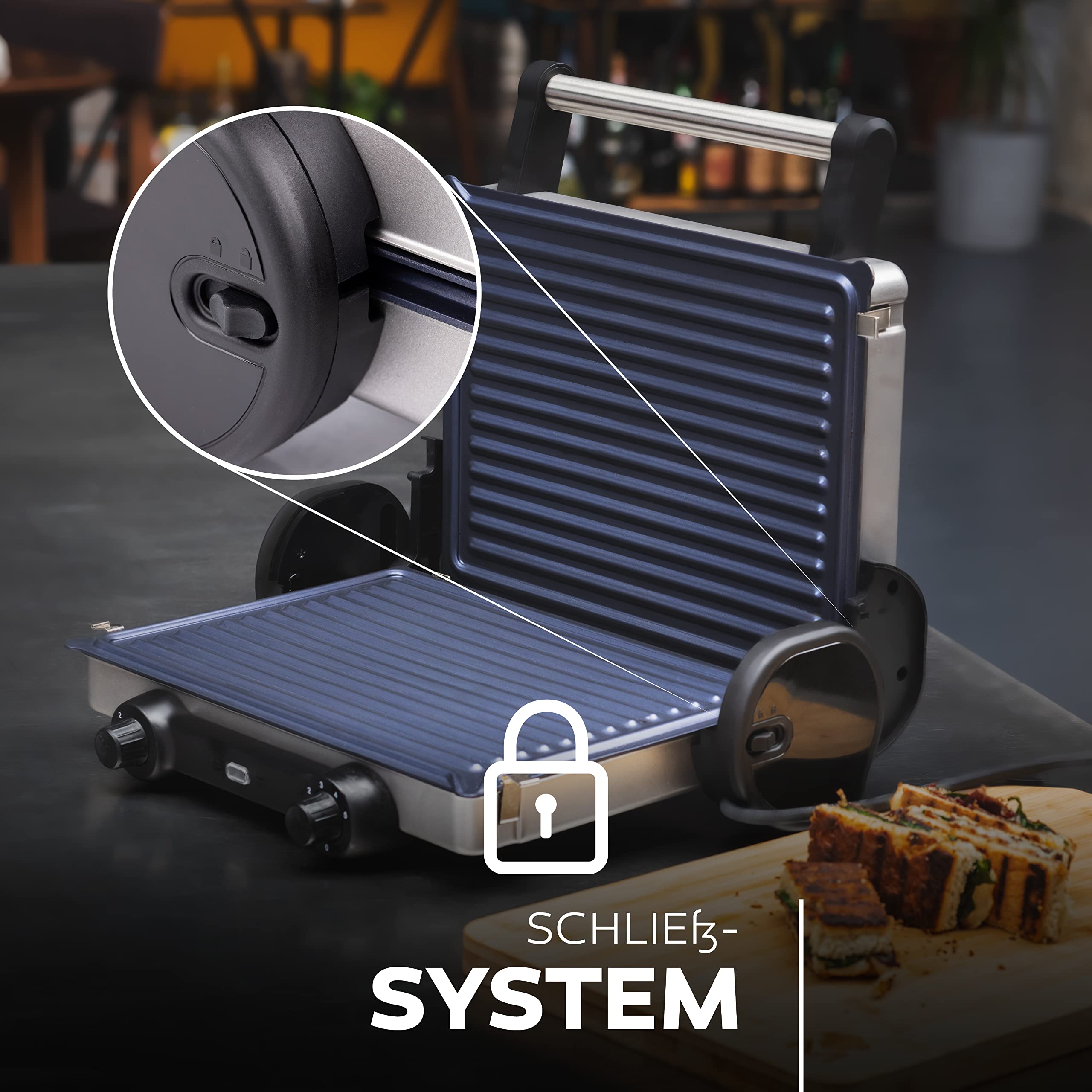 MasterPro Foodies – Griglia a contatto per sandwich, 2 piastre rimovibili, griglia da tavolo pieghevole a 180° e verticale, 2100 W, 33x40x13 cm