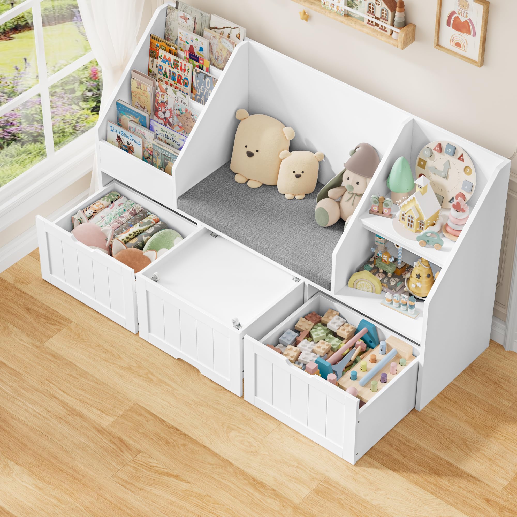 FOREHILL Libreria Montessoriana per Bambini, Porta Giochi Bambini con Cuscini, Libreria Panca a 4 Ripiani, Mobile Porta Giochi a 3 Cassetti con Ruote, per Cameretta, Studio, 140x39.5x80 cm (Bianco)