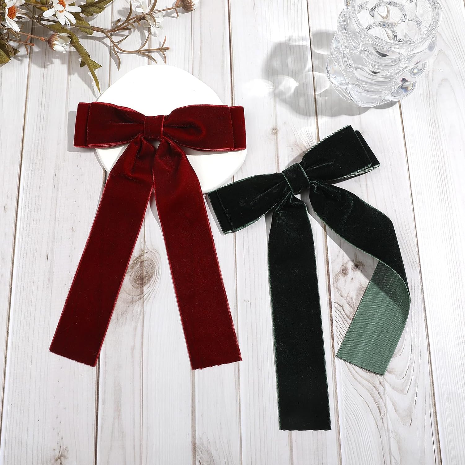 2PCS Velvet Hair Bows for Women Ribbon Hair Clips Big Fall Alligator Clips Ponytail Holder Hair Bow Accessories Girls Toddlers Kids Teens Green,Wine red - Image 3