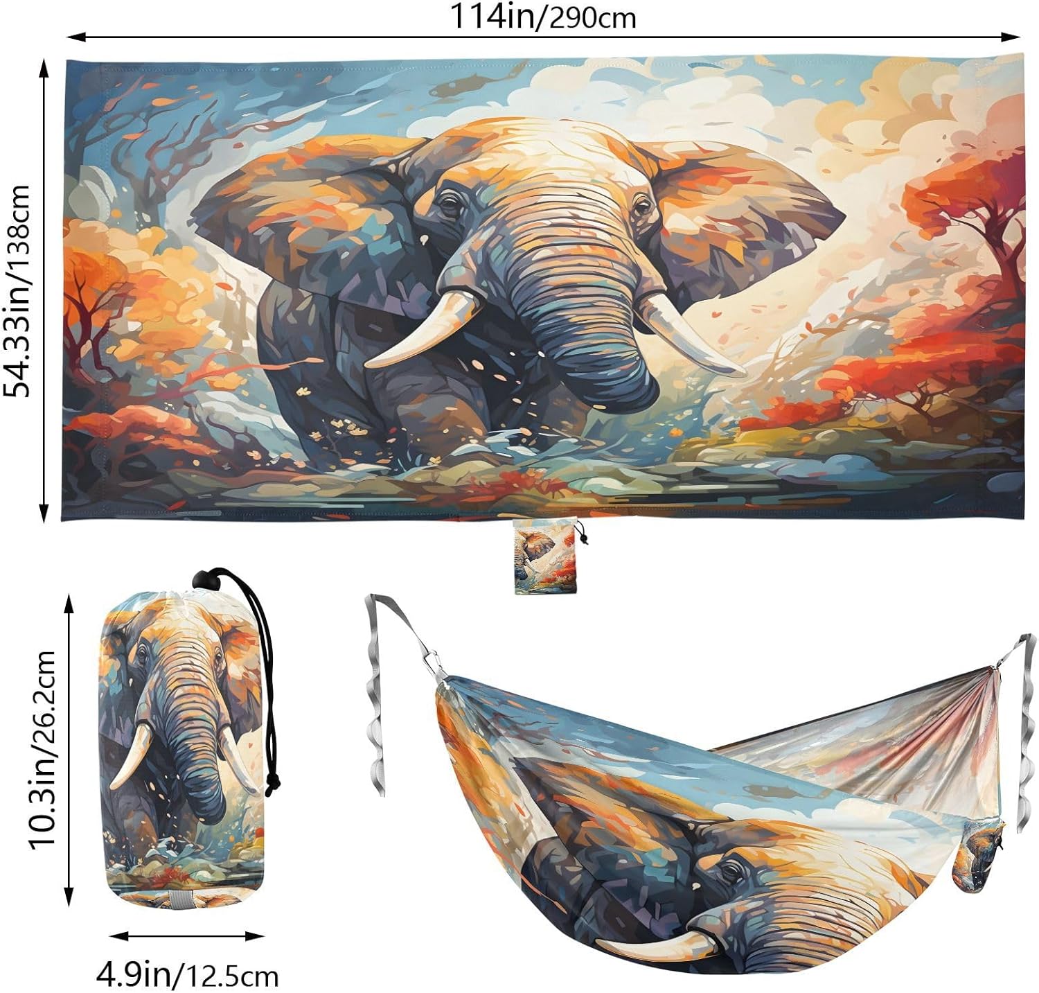 ALAZA Elephant in Forest Camping Hammocks Single or 2 Person 500 lbs Portable Parachute Travel Hammock w/Tree Straps for Hiking Backpacking Indoor Outdoor