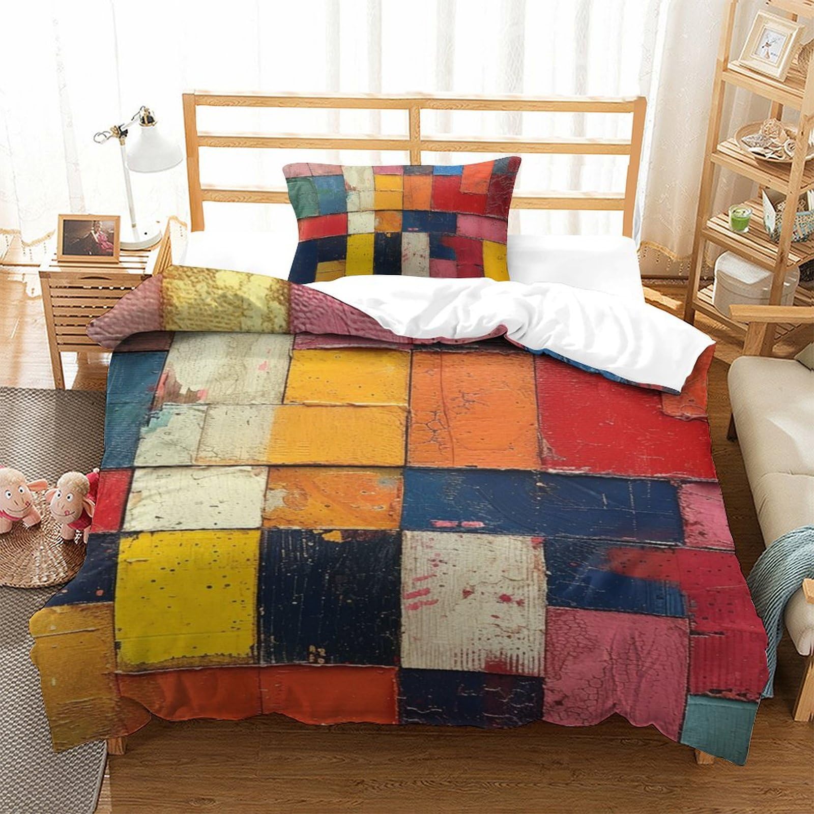 Parure de lit 3D blocs colorés en microfibre 135x200cm avec taies