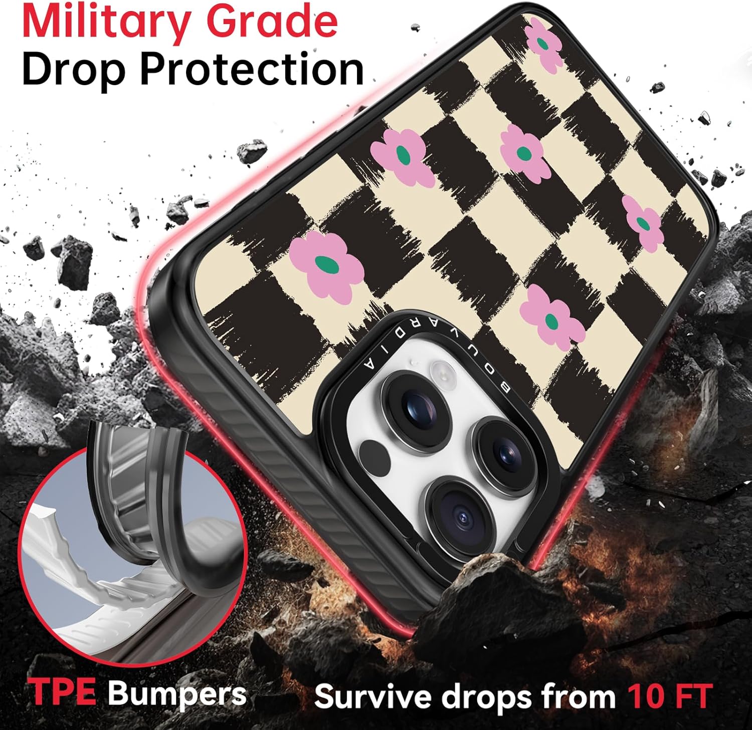 bouvardia for iphone 16 pro max case, cute design for women & girls, protective & aesthetic, gray bumper - checkered & flowers 16 pro max case checkered & flowers