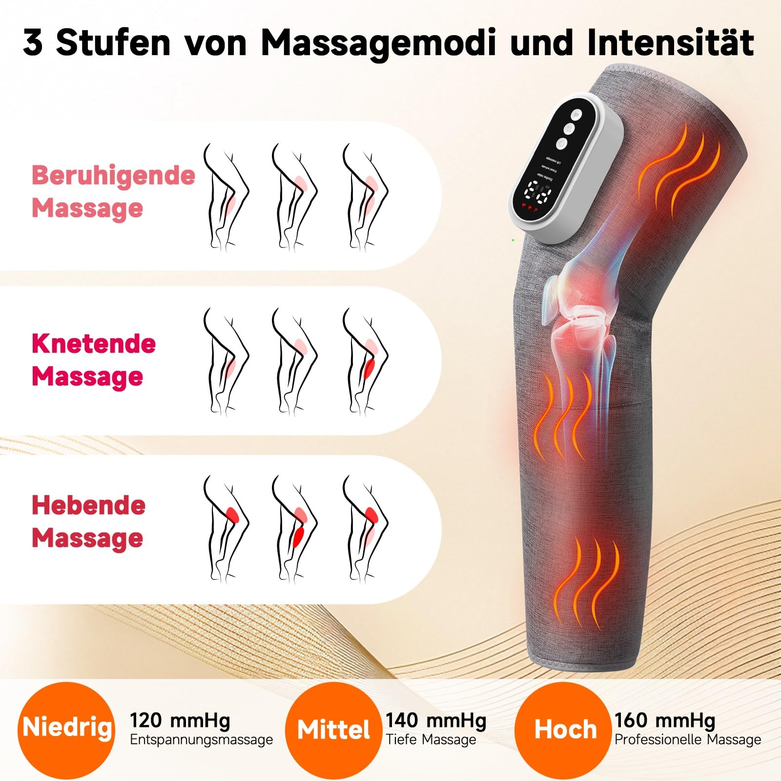 Kabelloses Beinmassagegerät, Luftkompression 3 Stufen, Wärme & Airbags | 3 Stufen Druckmassage mit Wärme, 15-Min-Timer. Für Wade, Oberschenkel und Knie