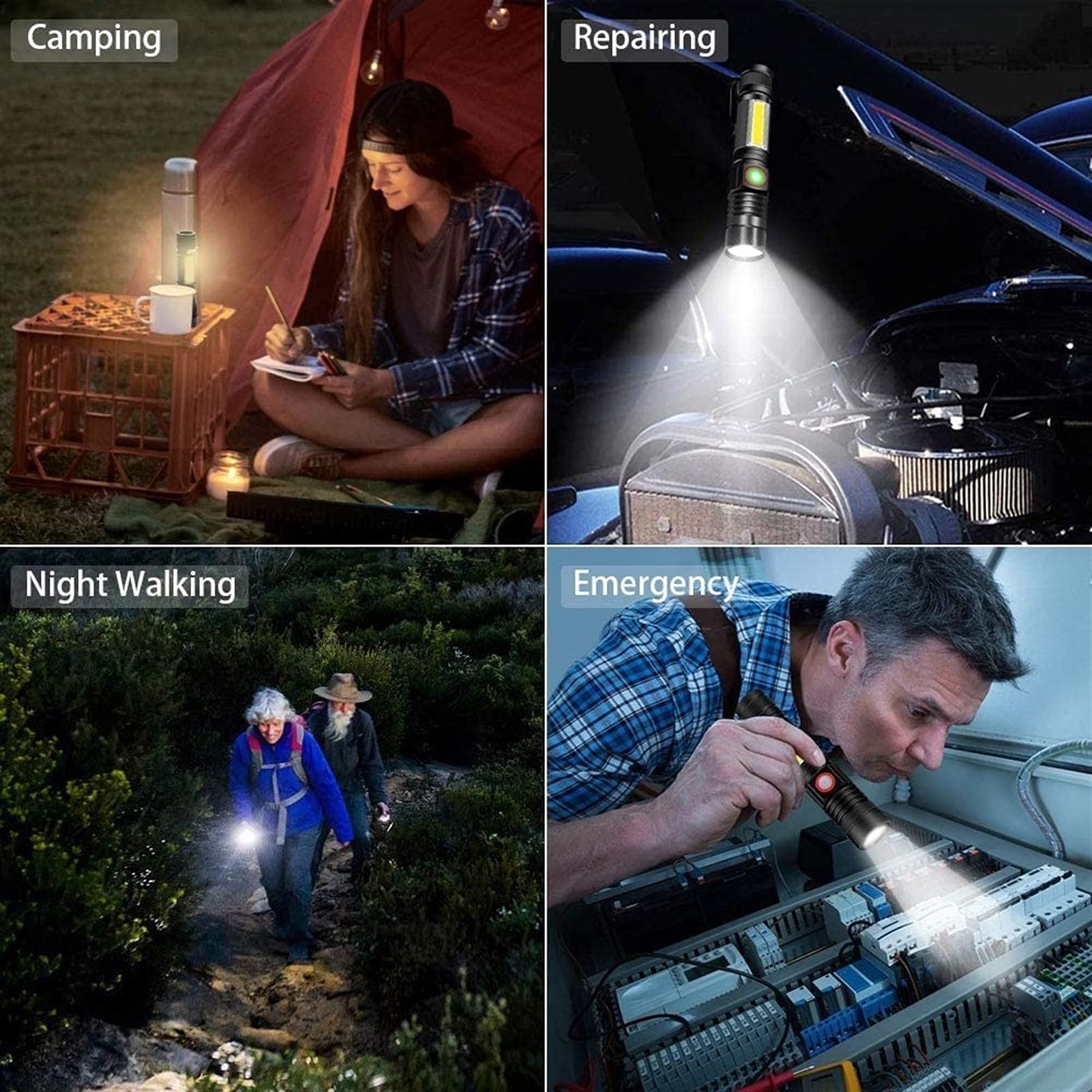 Linterna Recargable por USB, Linterna LED magnética, Linterna táctica LED superbrillante con luz Lateral COB, Impermeable, con Zoom, la Mejor Linterna for Acampar y emergencias.