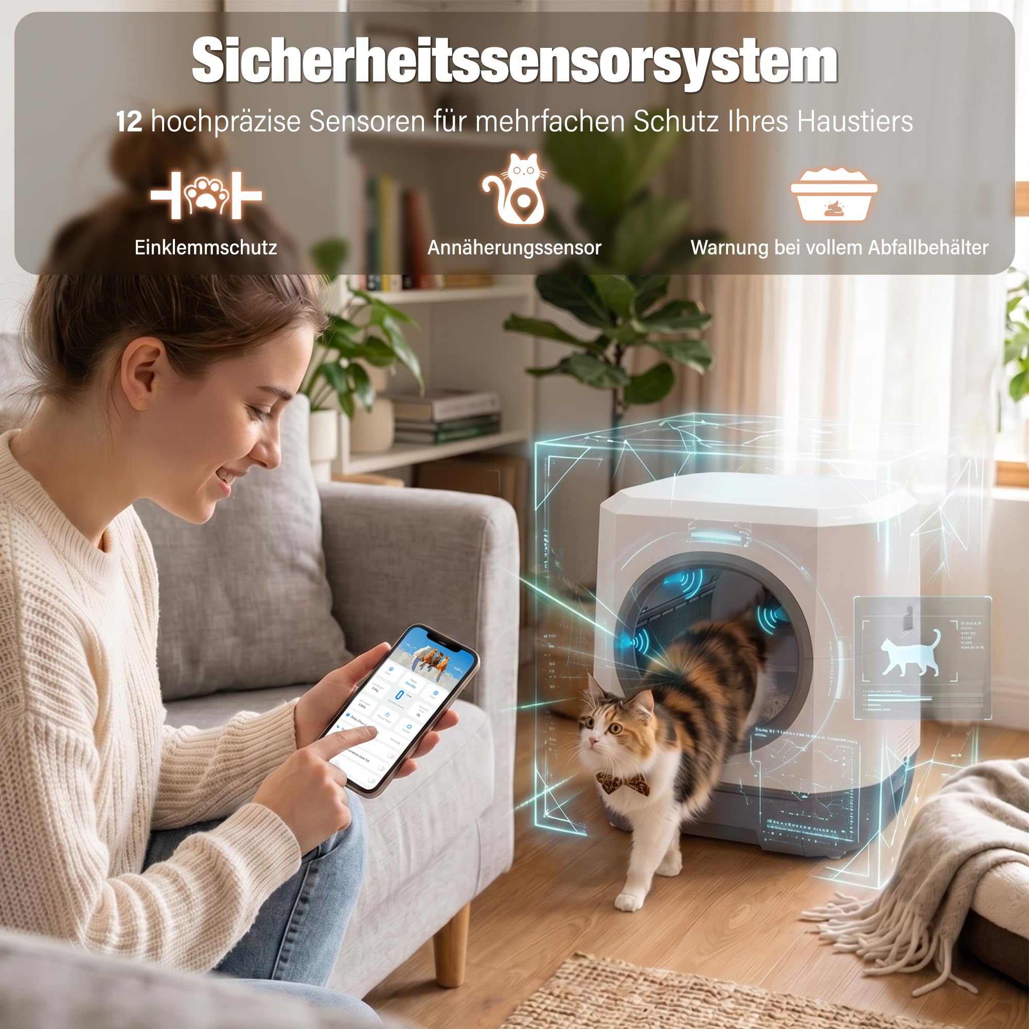 Katzenklo Selbstreinigend, 90L Selbstreinigende Katzentoilette | 12 Sicherheitssensoren,App-Steuerung,Geruchskontrolle, Elektrisches Katzenklo groß Automatisches Katzenklo für mehrere Katzen
