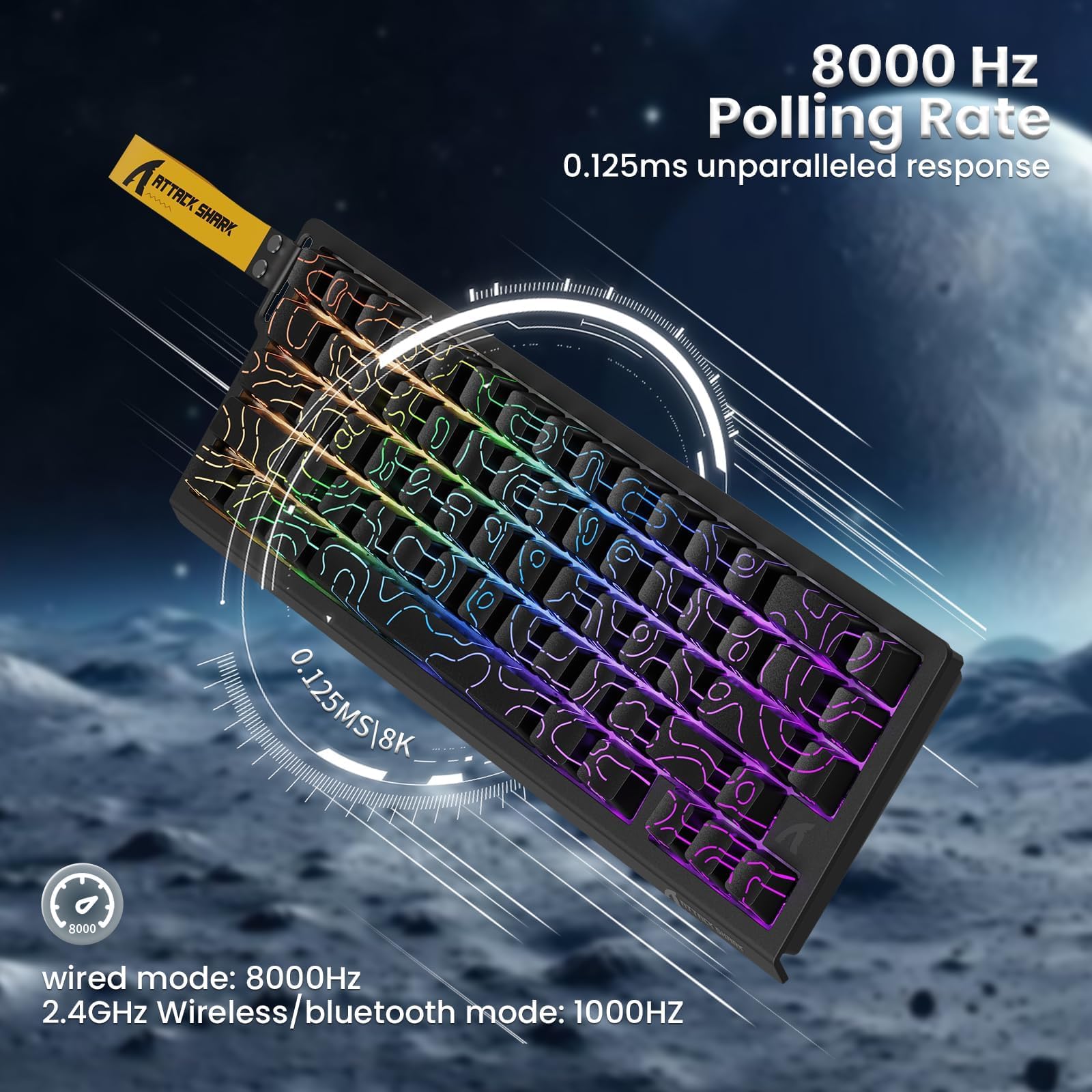 ATTACK SHARK X68PRO HE Clavier Gaming à Déclenchement Rapide sans Fil, Précision RT de 0,01 mm, Clavier Filaire à Effet Hall, 8000Hz, Actionnement Réglable, Snap Tap, RGB, C01 Câble – Noir