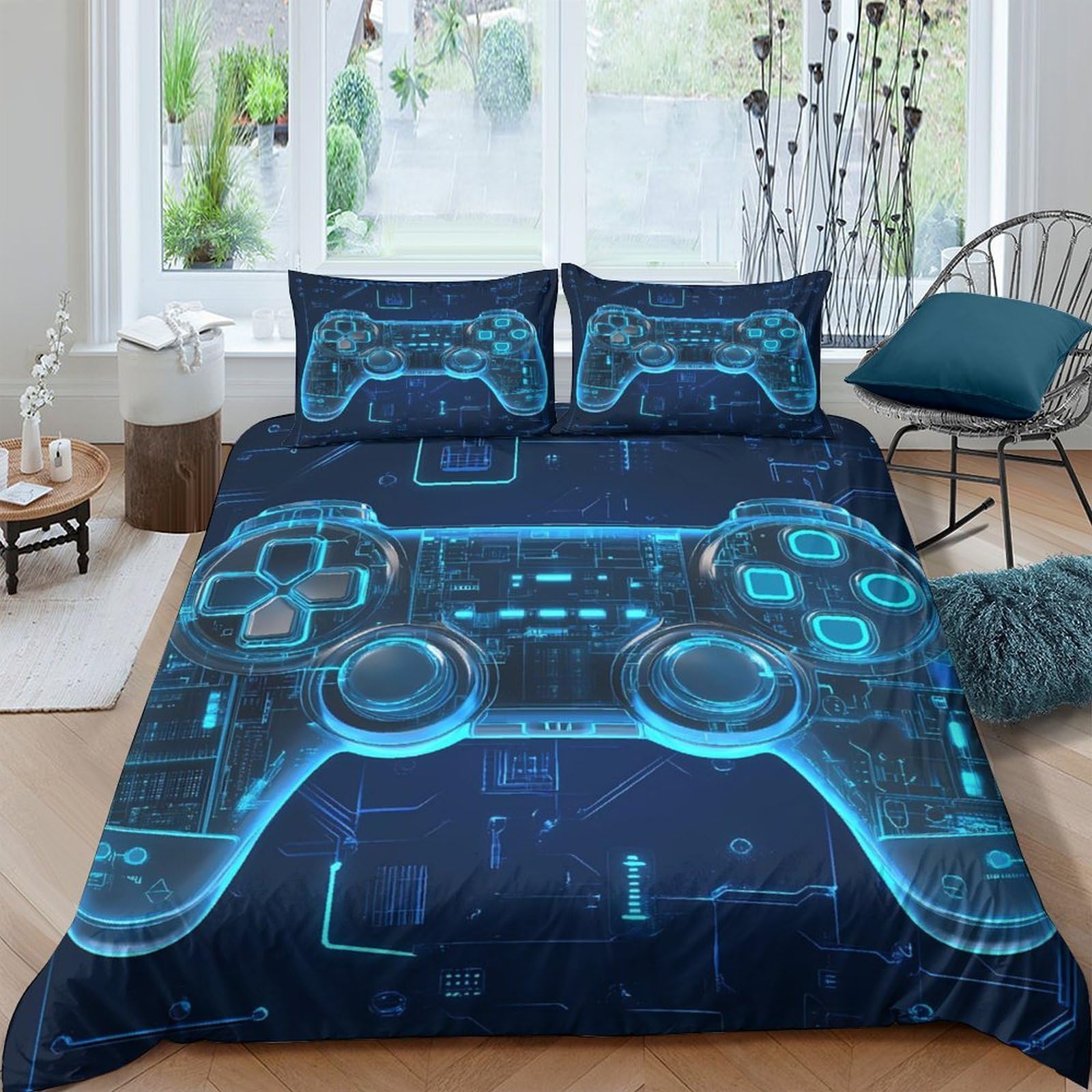 GPLZQXKJNH 3D Printed Game Controller Duvet Cover Microfiber Soft Breathable Neon Blue Gaming Quilt Cover Set with 2 Pillowcases for Bedroom Decor Single（135x200cm）