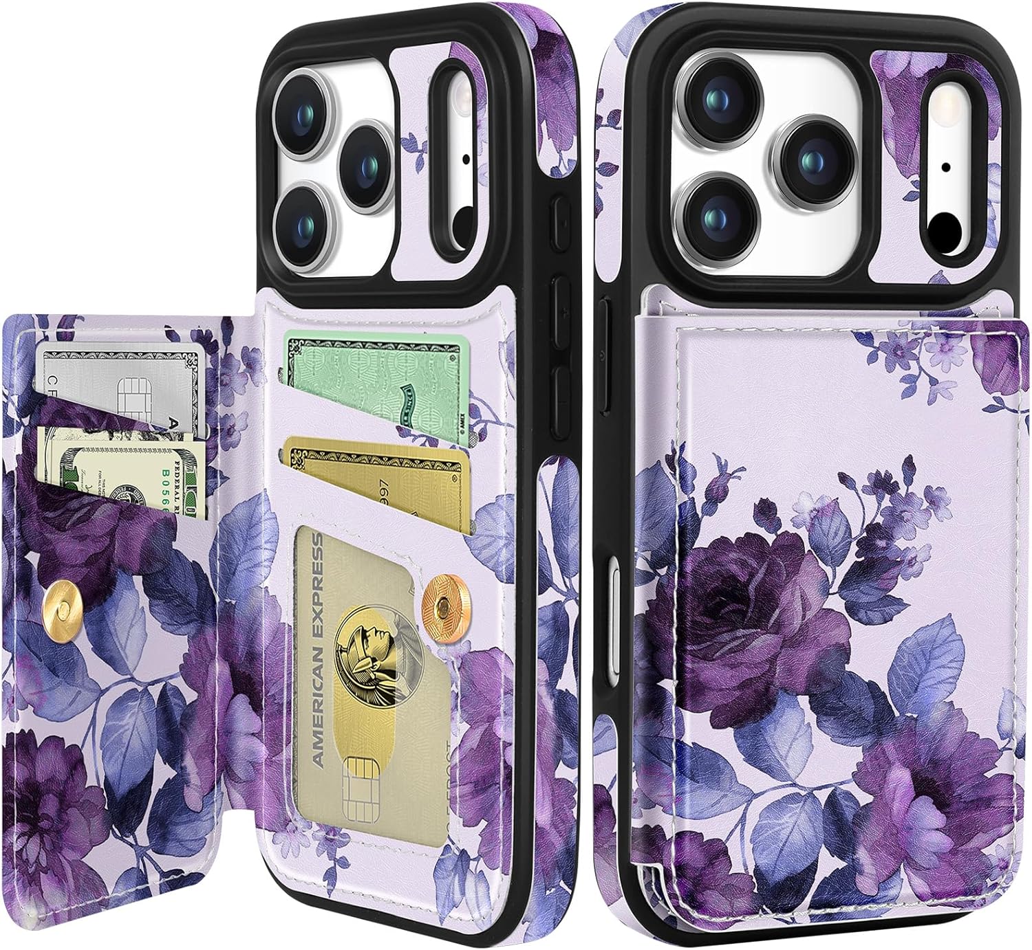 Shorogyt Compatible with iPhone 17 Pro Wallet Case with Card Holder - Cute Purple Flower Design Kickstand for Magnetic Clasp Back Flip Folio Leather Phone Covers for Women Men Girls
