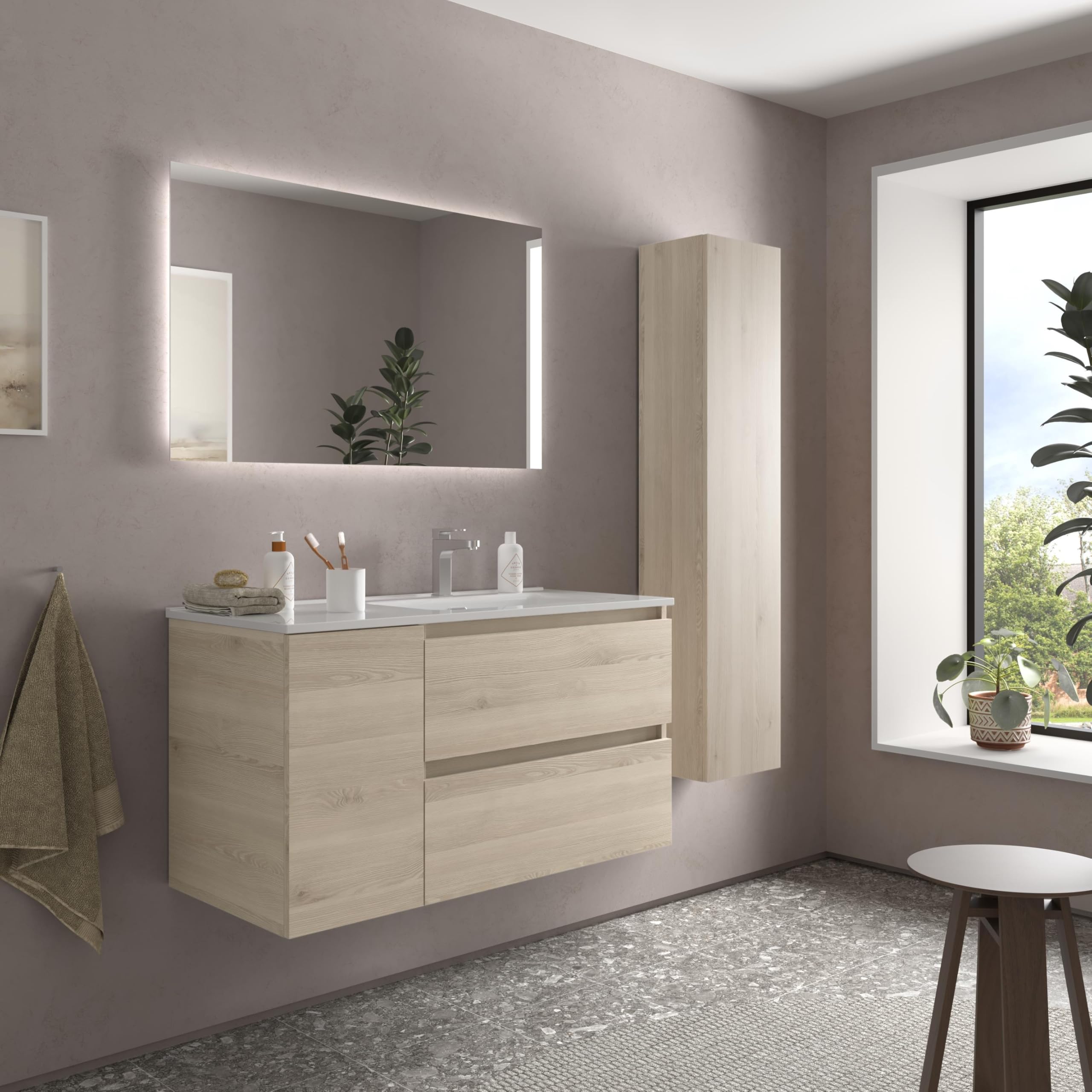 Mueble de Baño BEQUIA Plus 100cm Natural | Lavabo Porcelana Grifo Derecha 1P