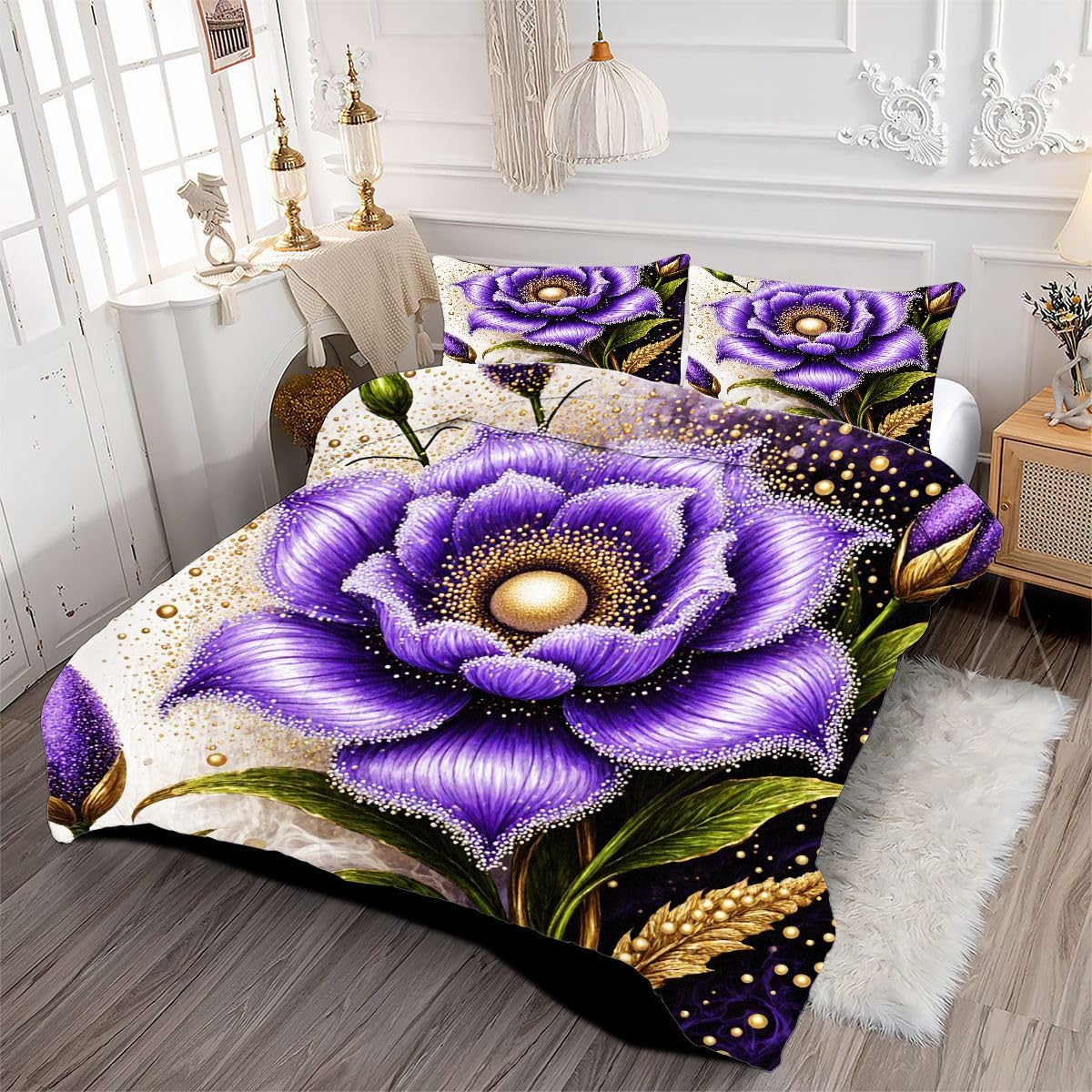 Kołdra dwuosobowa 150x200 cm | Fioletowy kwiat, super miękka mikrofibra z wypełnieniem bawełnianym 200 gsm, zawiera 2 poszewki na poduszki, ciepło zimowe A386