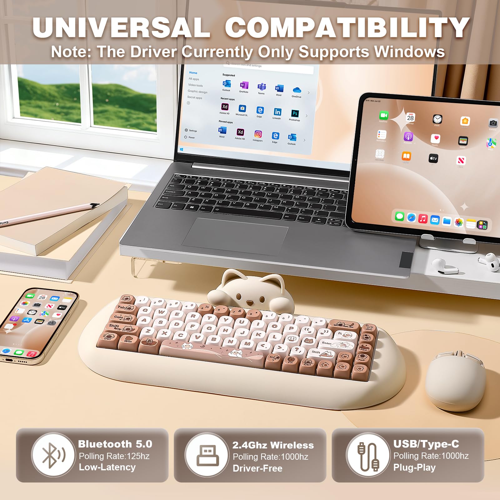 YUNZII C68 Tastiera meccanica senza fili,65% Gaming Keyboard Hot Swap,Tripla modalità BT5.0/2.4G/Cavo,RGB Retroilluminato NKRO,Cat Silicone Ergonomic Keyboard per Win/Mac (fratello, Cambio di latte)