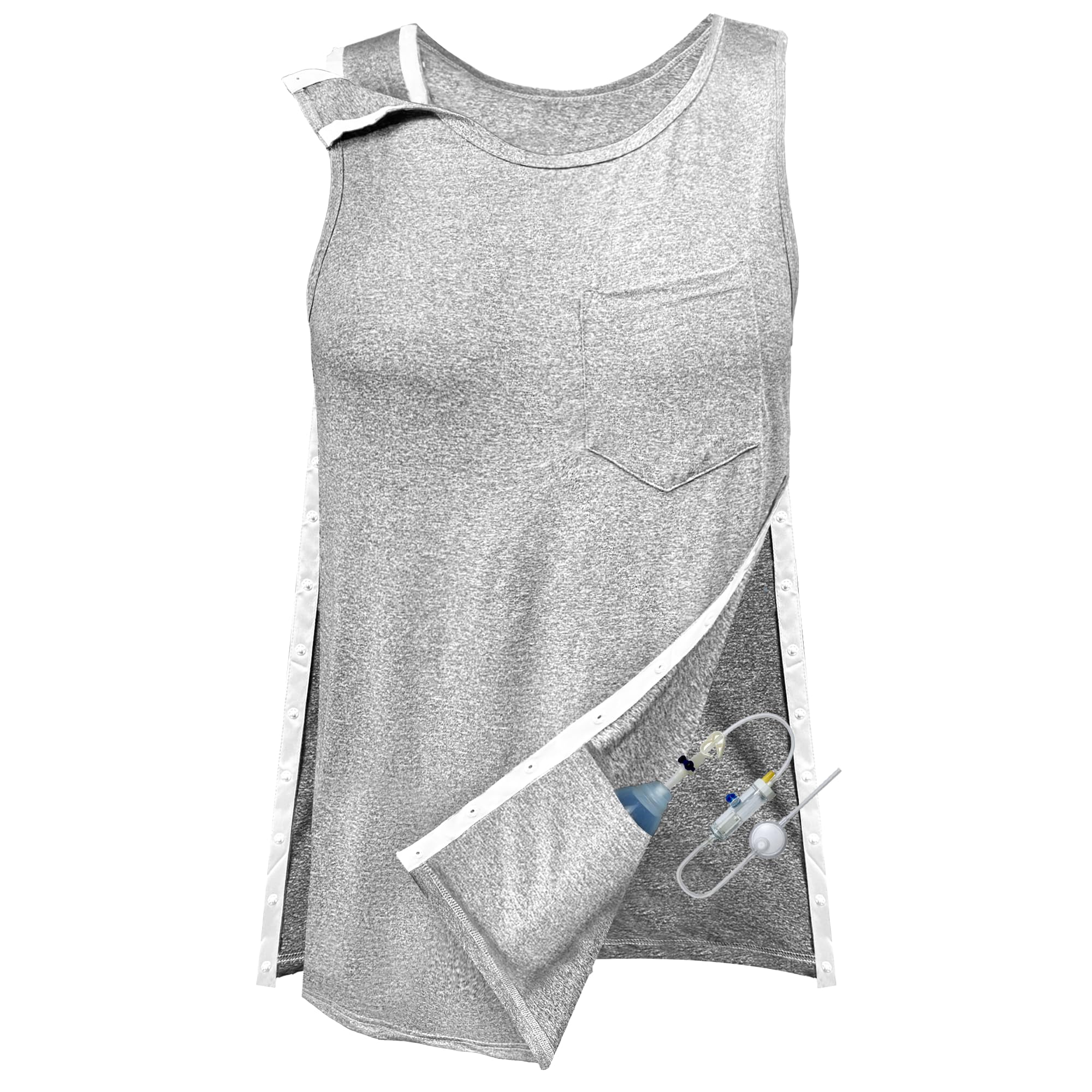 Mastectomy Recovery Tank Top with Drain Pockets Unisex Post Shoulder Surgery Shirts Full Snap Rotator Cuff Recovery Clothing