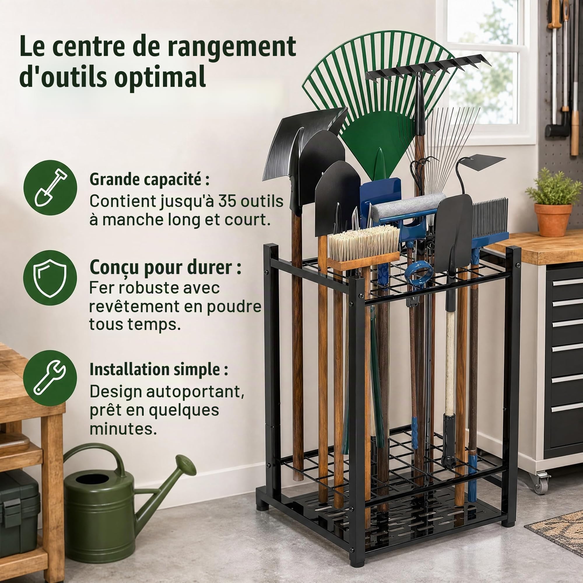 Support robuste pour outils de jardin, 35 outils, fer noir, 43 x 30 x 74 cm
