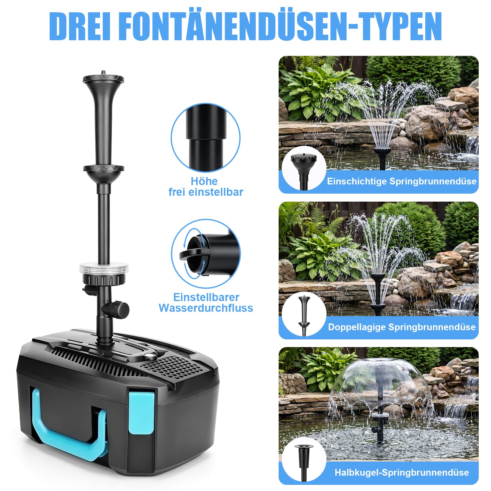 45W Teichfilter mit UV Klärer und RGB Beleuchtung mit 3 Springbrunnen
