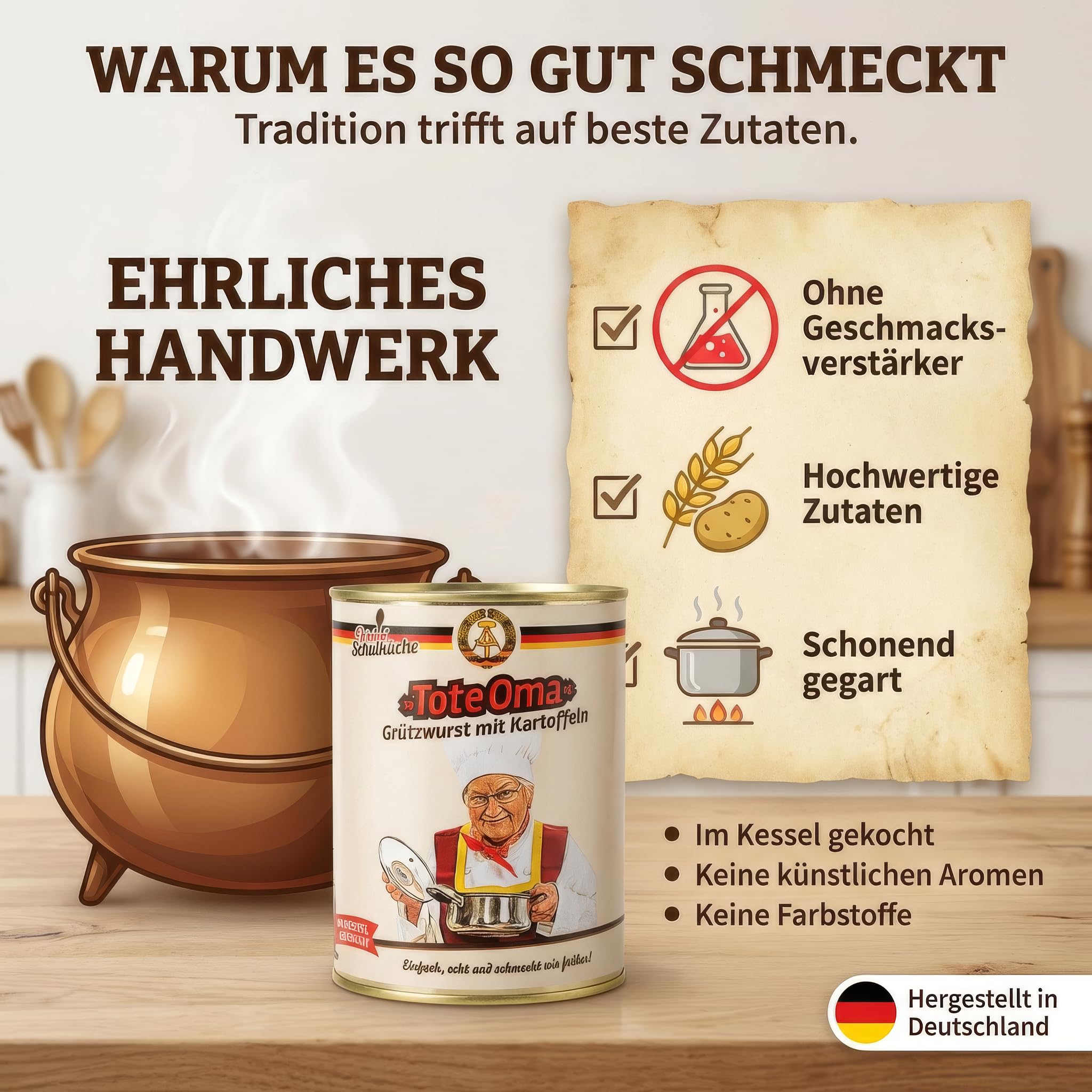 Schulküche 12x Tote Oma - Grützwurst mit Kartoffeln - DDR Fertiggericht | Original DDR Rezeptur ohne künstliche Zusätze, handgemacht im Kessel, inkl. Kochbuch & Grußkarte für Ostalgie Fans