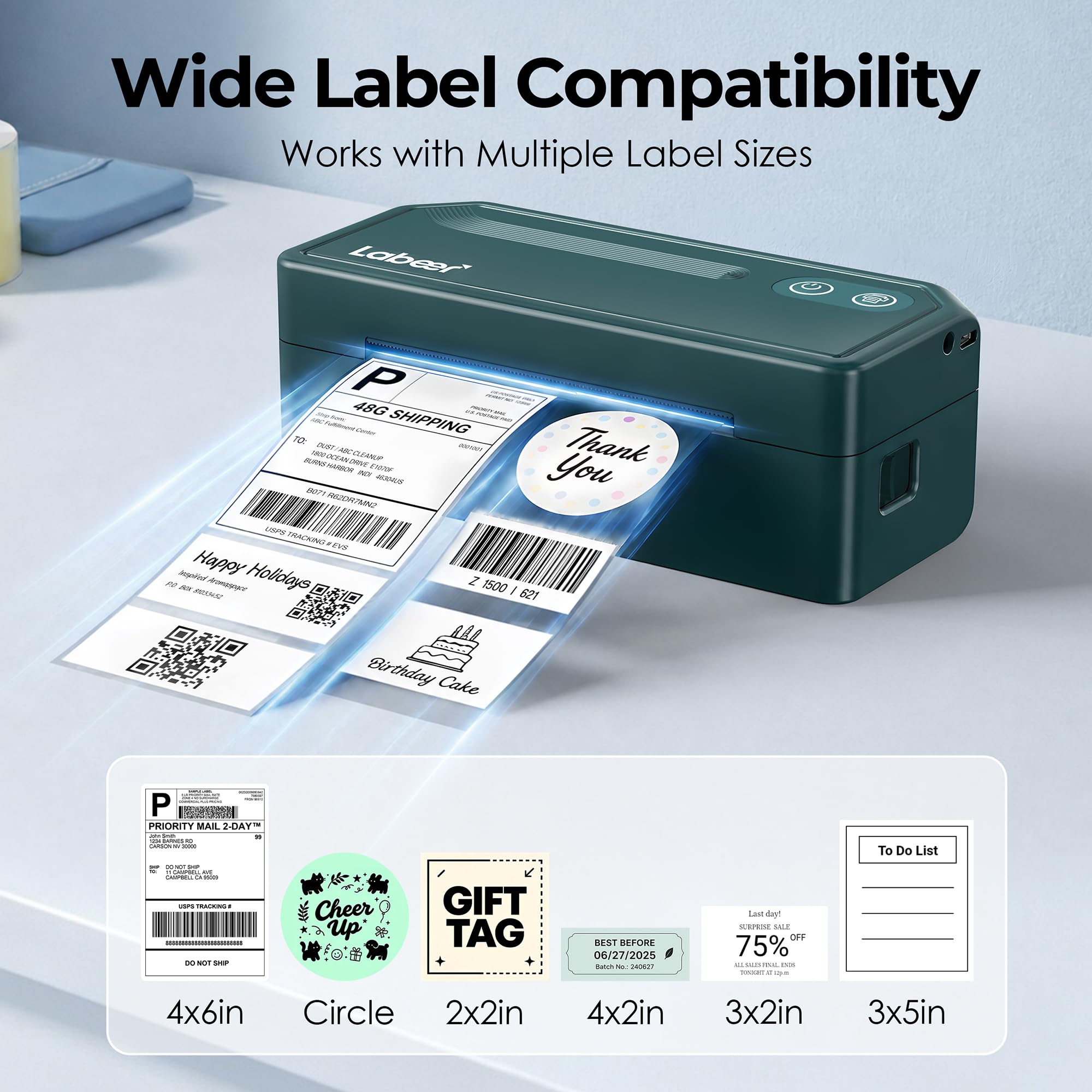Labeer - Bluetooth Thermo-Etikettendrucker, kabelloser Etikettendrucker 4x6 für Versandpakete, Büro für kleine Unternehmen oder Zuhause, kompatibel mit Windows/Mac/iPhone/Amazon/Ebay