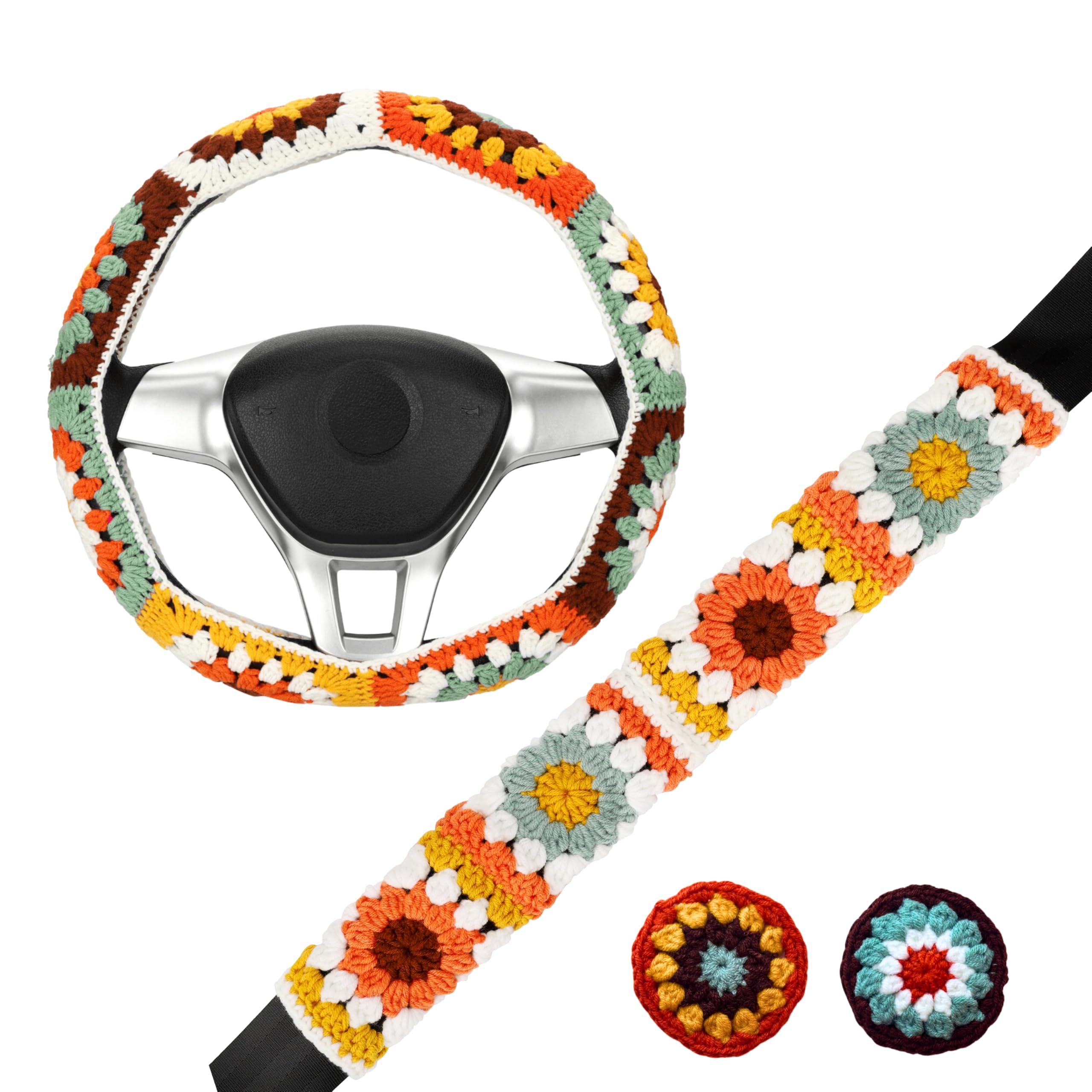 Set di coprivolante per auto all'uncinetto, grazioso coprivolante boho da 35,5 a 38,1 cm, motivo quadrato con girasole e nonna, accessorio per auto da donna, copertura per pomello del cambio