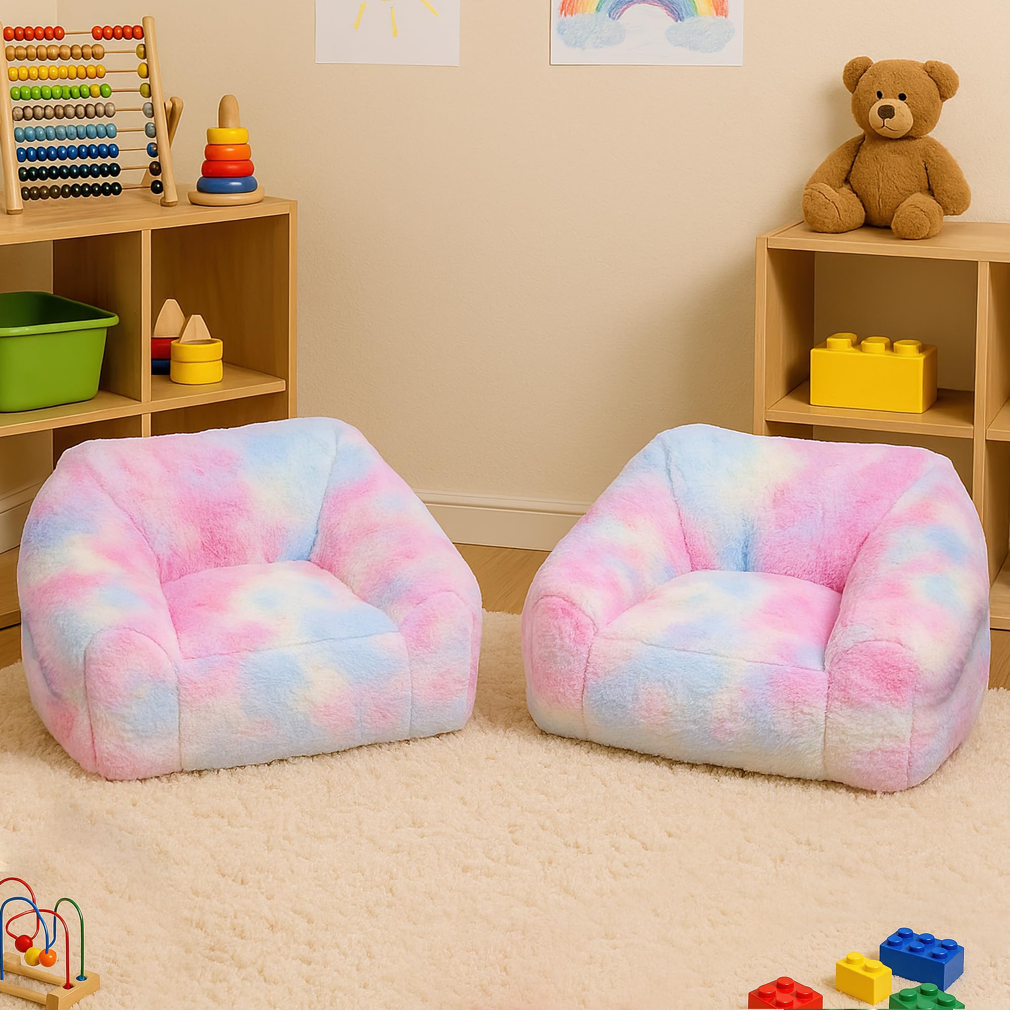 27 Inch Soft Faux Fur Bean Bag Chair with Sponge Filling - Ergonomic Lounge Chair for Teens, Comfortable Rainbow Color Bean Bag for Bedroom, Living Room, Dorm(Set of 2)