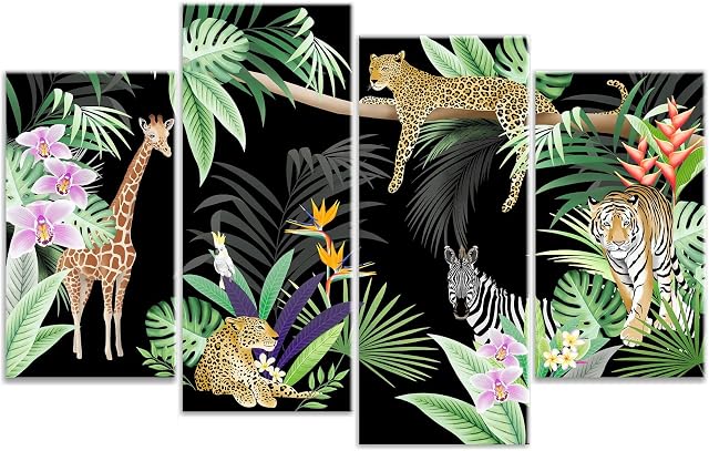 Rubybloom Designs Leopard Giraffe Zebra & Tiger Jungle Animal Tropical Plant Illustration Canvas Wall Art Print Picture - Framed and Ready to Hang