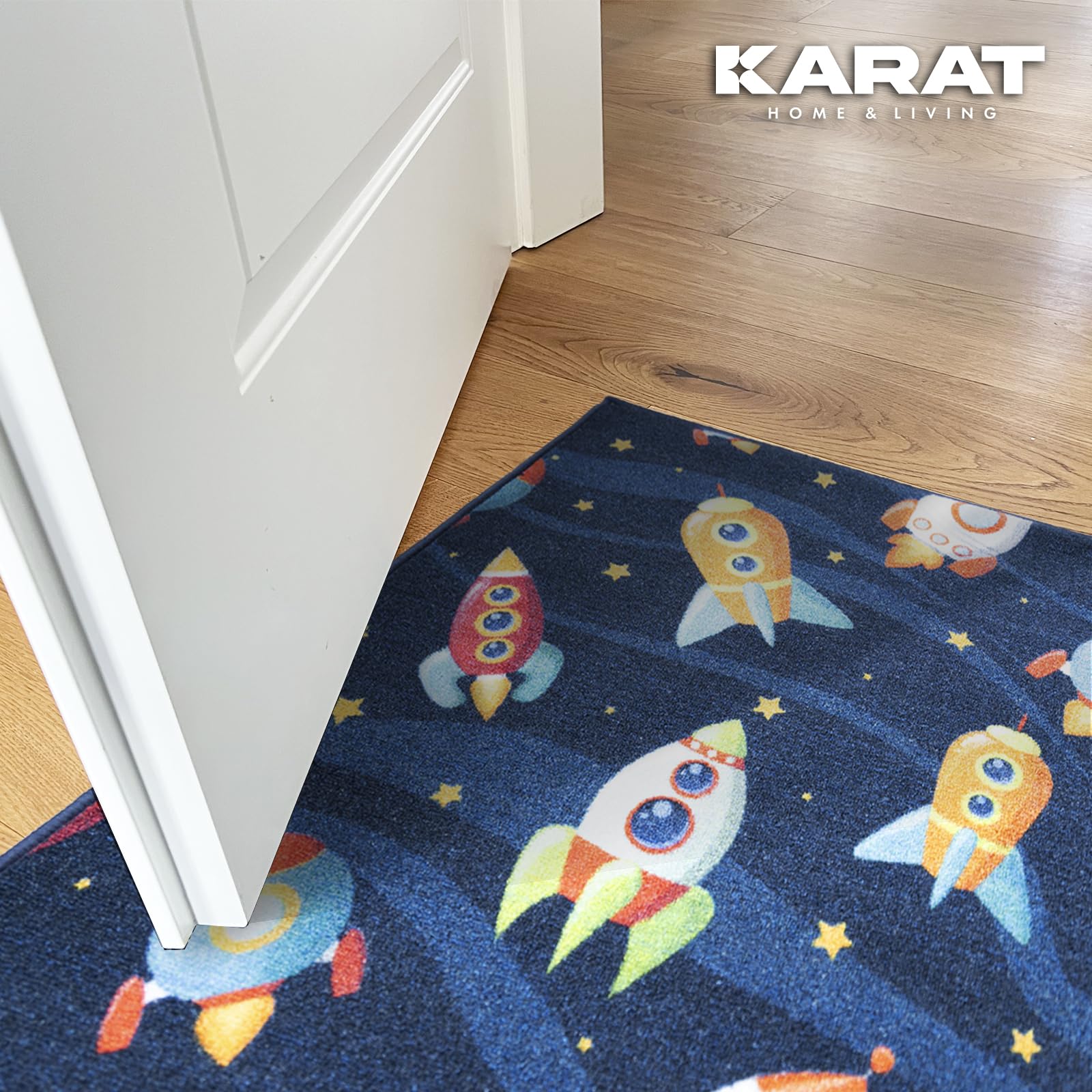 KARAT Alfombra infantil, para habitación y pasillo, antideslizante, resistente y fácil de cuidar, 80 x 200 cm, azul (lindos cohets)