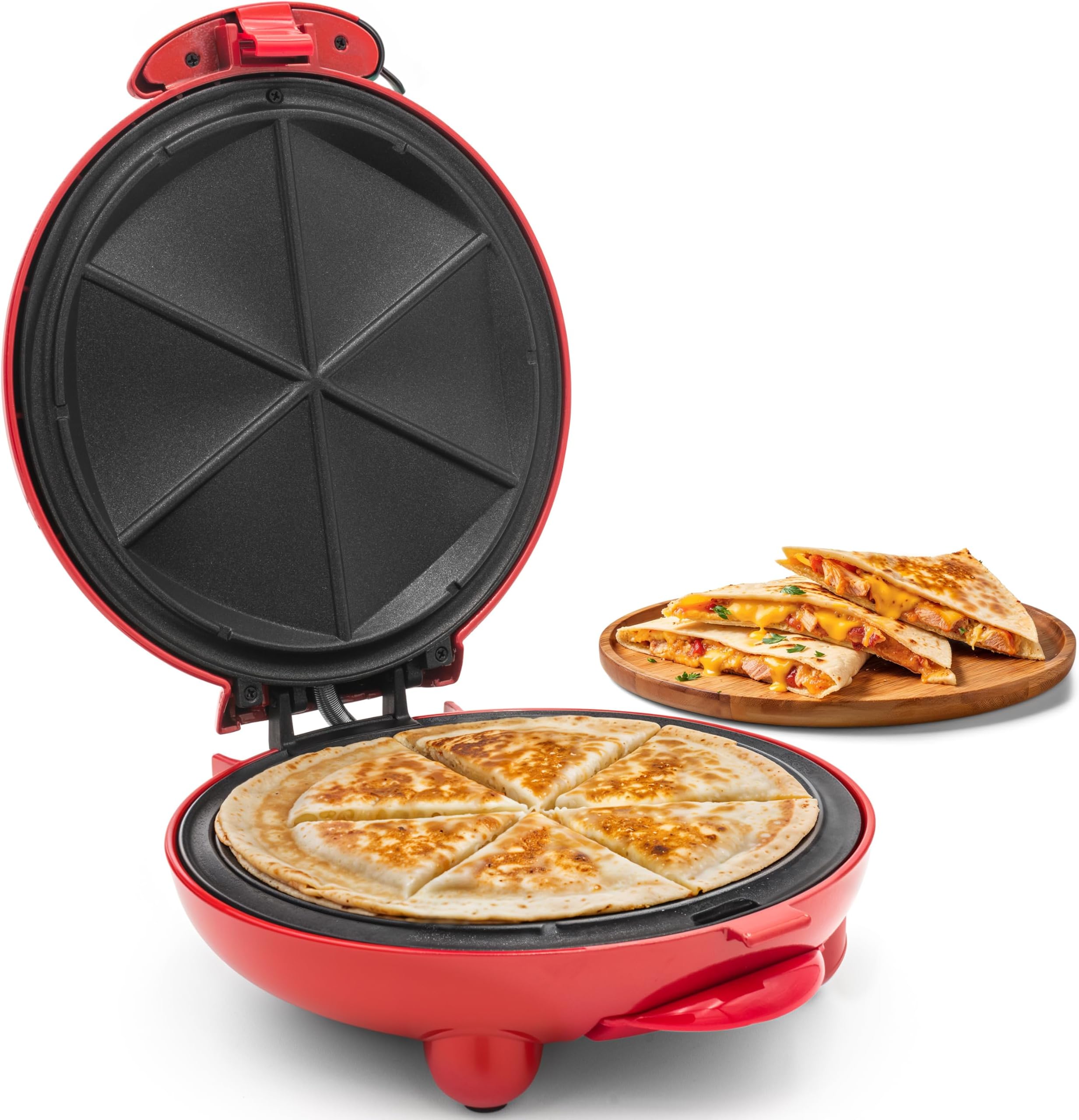 EQD-413 Electric Non-Stick 8" Quesadilla Maker, Easy-Slice 6-Wedge, Grilled Cheese Corn Flour Tortilla Snacks, Red