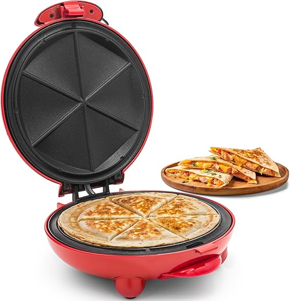 Elite Gourmet EQD-413 Electric Non-Stick 8" Quesadilla Maker, Easy-Slice 6-Wedge, Grilled Cheese Corn Flour Tortilla Snacks, Red