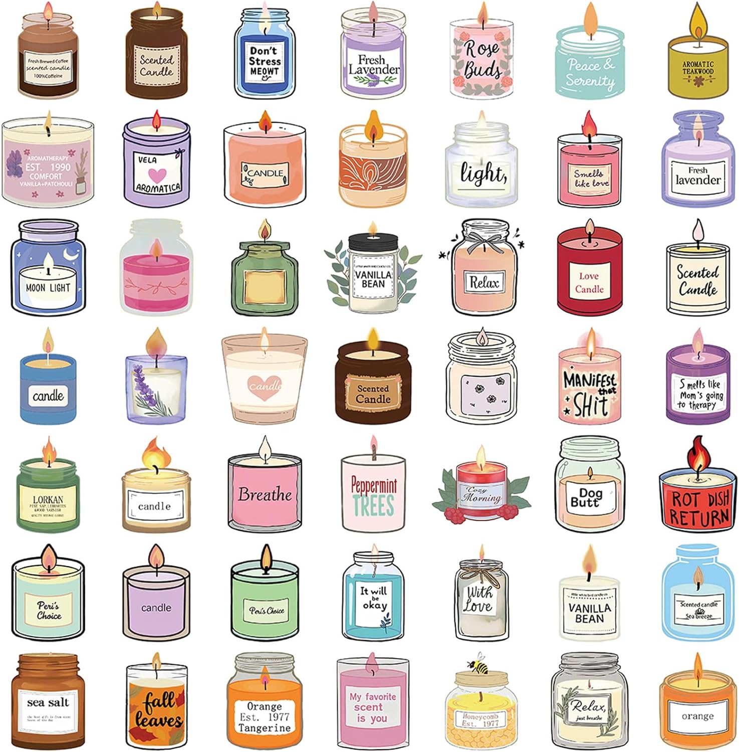 Cute Aromatherapy Candle Stickers for Girls, 50pcs Cute Cartoon Waterproof Vinyl Sticker for Water Bottle Laptop Phone Case Luggage Car Decals Gift for Kids Teens Adults Aromatherapy Candle Stickers