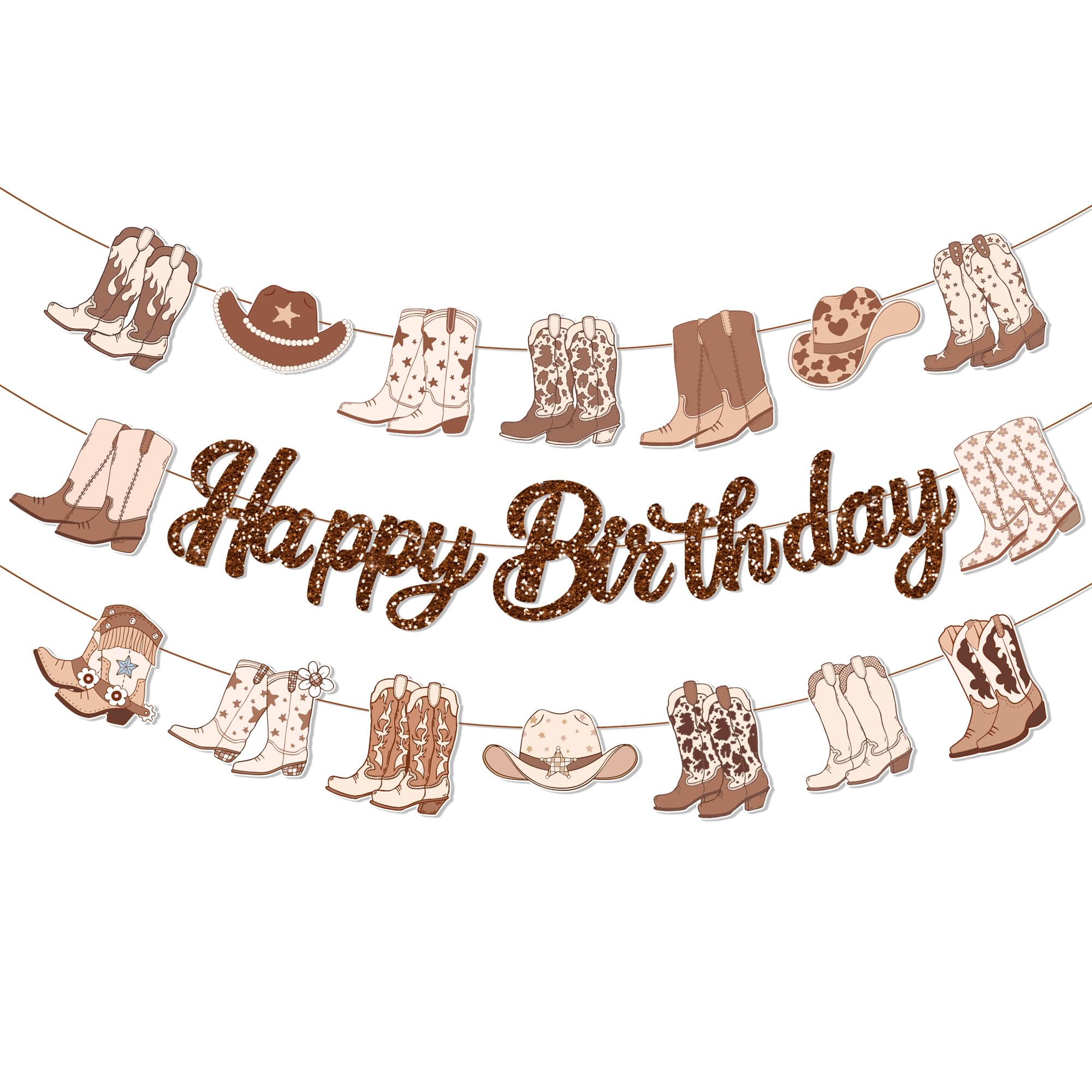 CC HOME 3Pcs Brown Western Cowboy Happy Birthday Banner Cherry Bow Boots Party Hanging Banner Cowboy Theme Birthday Bridal Wedding Baby Shower Boys Girls Kids Home Classroom Party Supplies Decoration